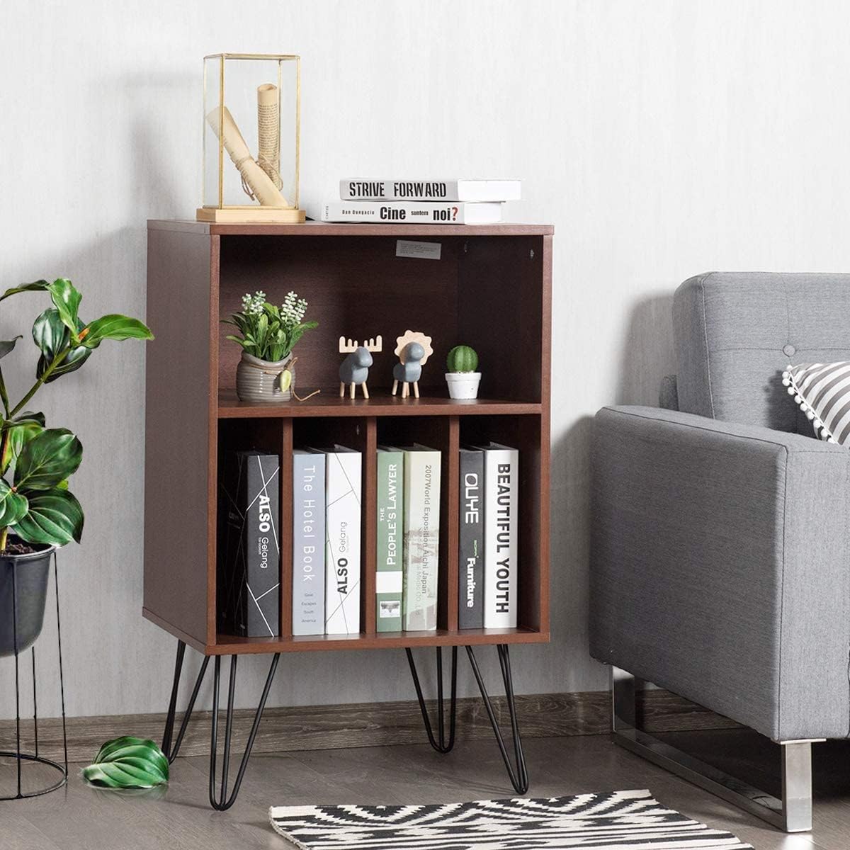 Giantex Record Player Stand, Turntable Stand Holds up to 150 Albums, Mid-Century Vinyl Storage Cabinet Table with Metal Legs, Record Player Holder End Table for Bedroom Living Room, Brown