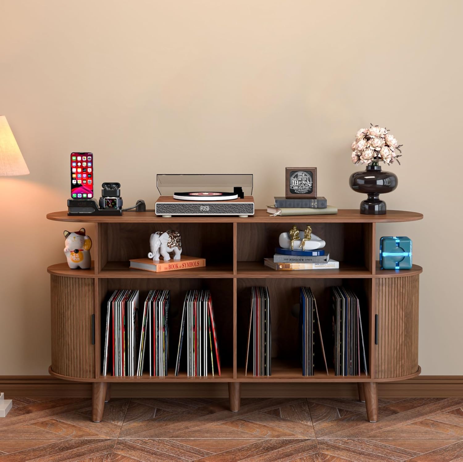 Large Round Record Player Stand with Charging Station & USB Ports,Record Storage Cabinet, Mid Century Modern Turntable Stand for Bedroom Living Room (Walnut)