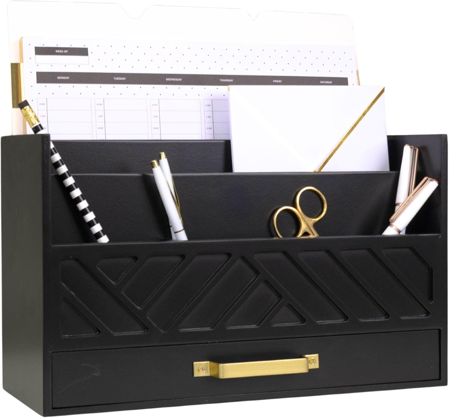 BLU MONACO Mail Organizer for Desk – Brown Wooden Mail Sorter with Drawer and 6 Compartments – Rustic Letter Organizer with Black Handle – Desktop File Holder for Home Office, Entryway, or Kitchen