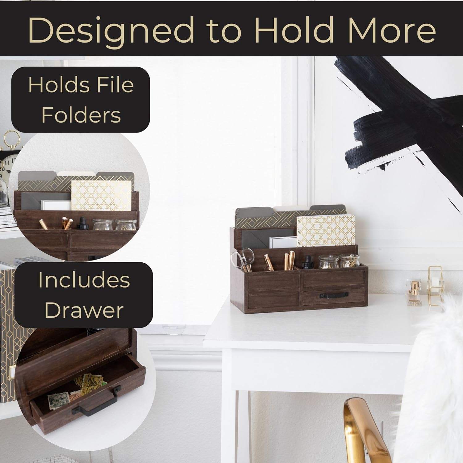 BLU MONACO Brown Wood Mail Organizer with Drawer & Pen Holder – Desk Organizer for Bills, Storage, Countertop & Kitchen