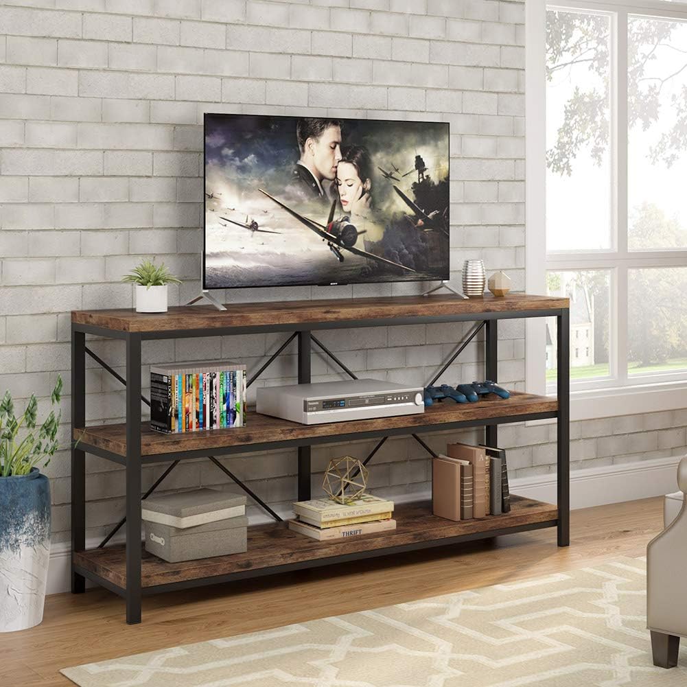 Tribesigns 55 Inches Long Sofa Table with Storage Shelves, 3 Tiers Industrial Rustic Console Table with Open Shelves, Three Decorative Shelf, Open TV Shelf for Living Room, Hallway, Book