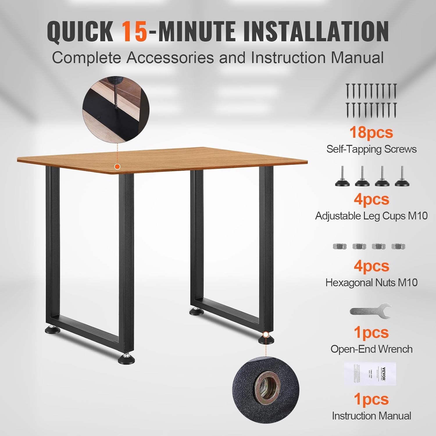 VEVOR 28 Inch Adjustable Furniture Legs, Square Reinforced Steel Office Table Legs Set of 2 for DIY, Max Load 1000 lbs Heavy Duty Desk Legs, Quick Instalation & Rich Accessories Legs Black