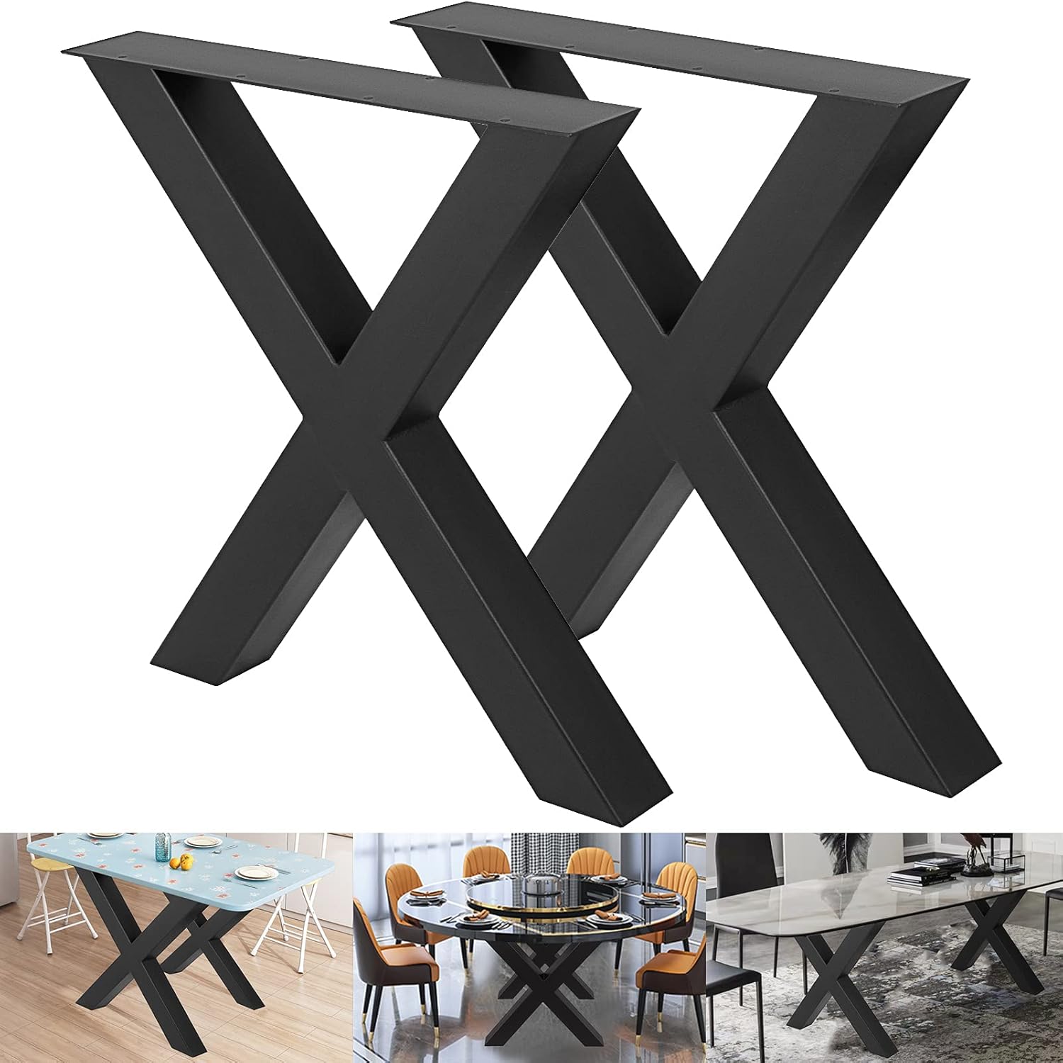 VEVOR Set of 2 Steel Table Legs, 28'' Height 30'' Wide, Heavy Duty 3.1'' Square Box Section X Frame, 28x30x3.1 Inch Black Color Industrial Country Style Metal Dining Legs