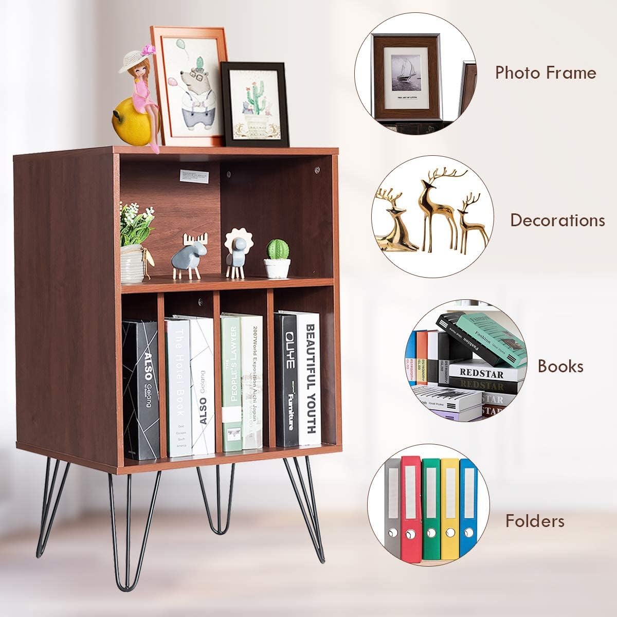 Giantex Record Player Stand, Turntable Stand Holds up to 150 Albums, Mid-Century Vinyl Storage Cabinet Table with Metal Legs, Record Player Holder End Table for Bedroom Living Room, Brown