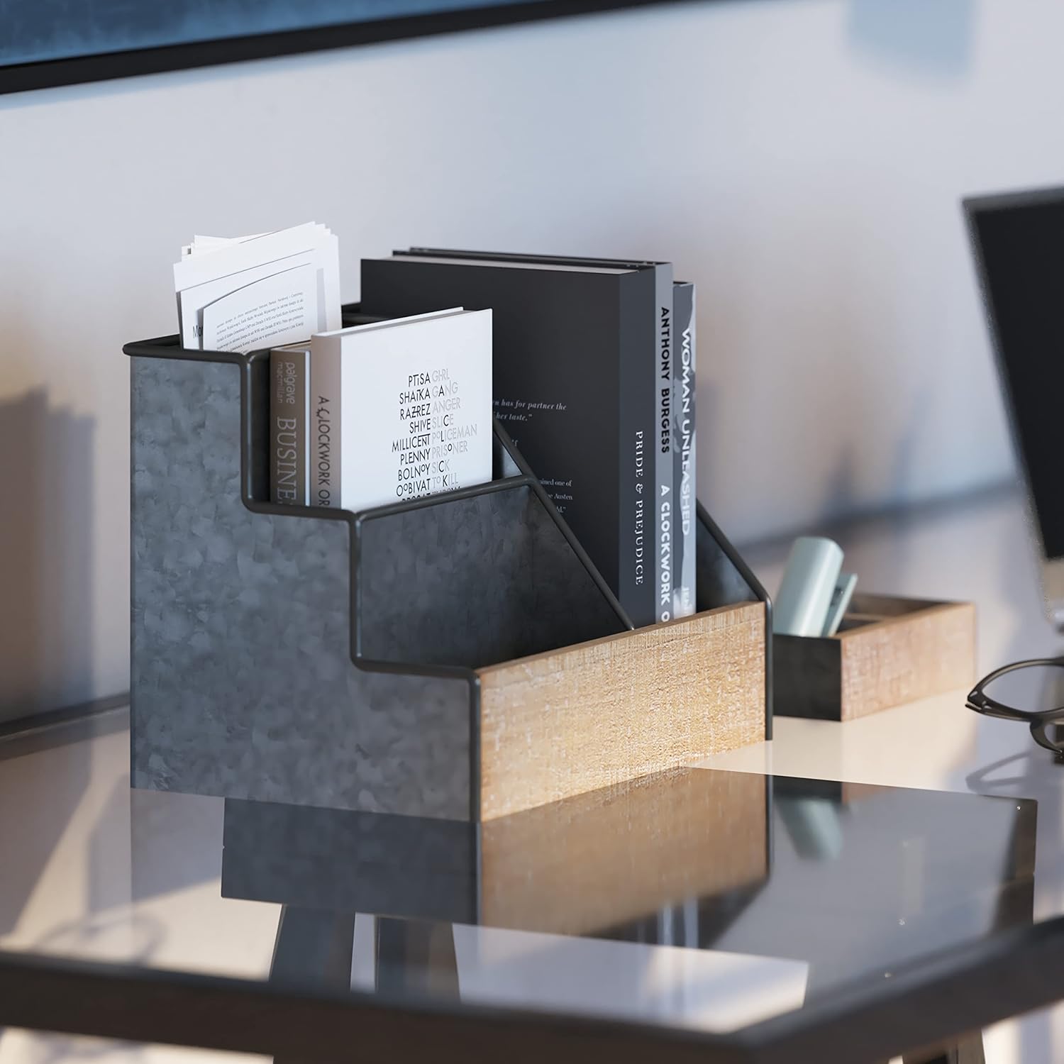 HBCY Creations 3 Piece Galvanized Metal Desk Organizer Set - Rustic Mail Organizer For Desktop - Great For Industrial Home Decor! Makeup Organizer For Vanity