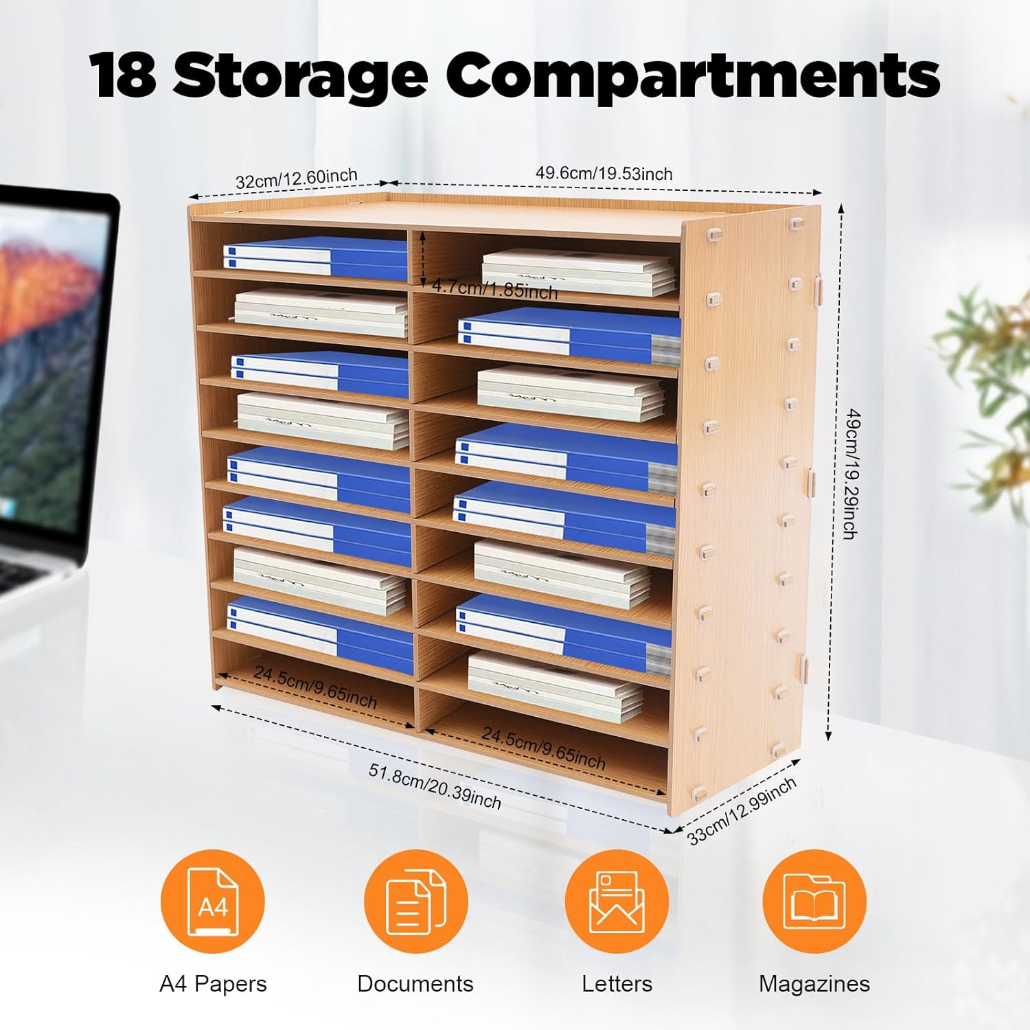 18 Slots Desktop Paper Mail Sorter Wood Office File Literature Organizer on Desk Floor, Paper Storage Cabinet Classroom Keepers Mailbox for Office Home School Mailrooms Organization