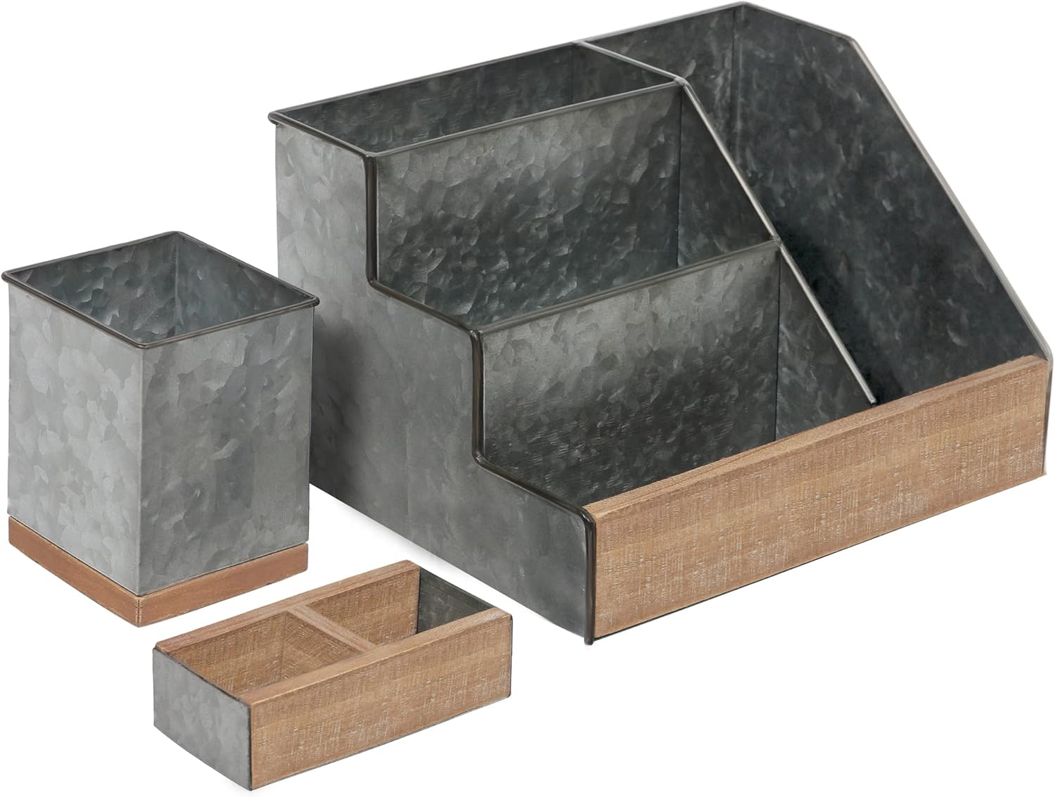 HBCY Creations 3 Piece Galvanized Metal Desk Organizer Set - Rustic Mail Organizer For Desktop - Great For Industrial Home Decor! Makeup Organizer For Vanity