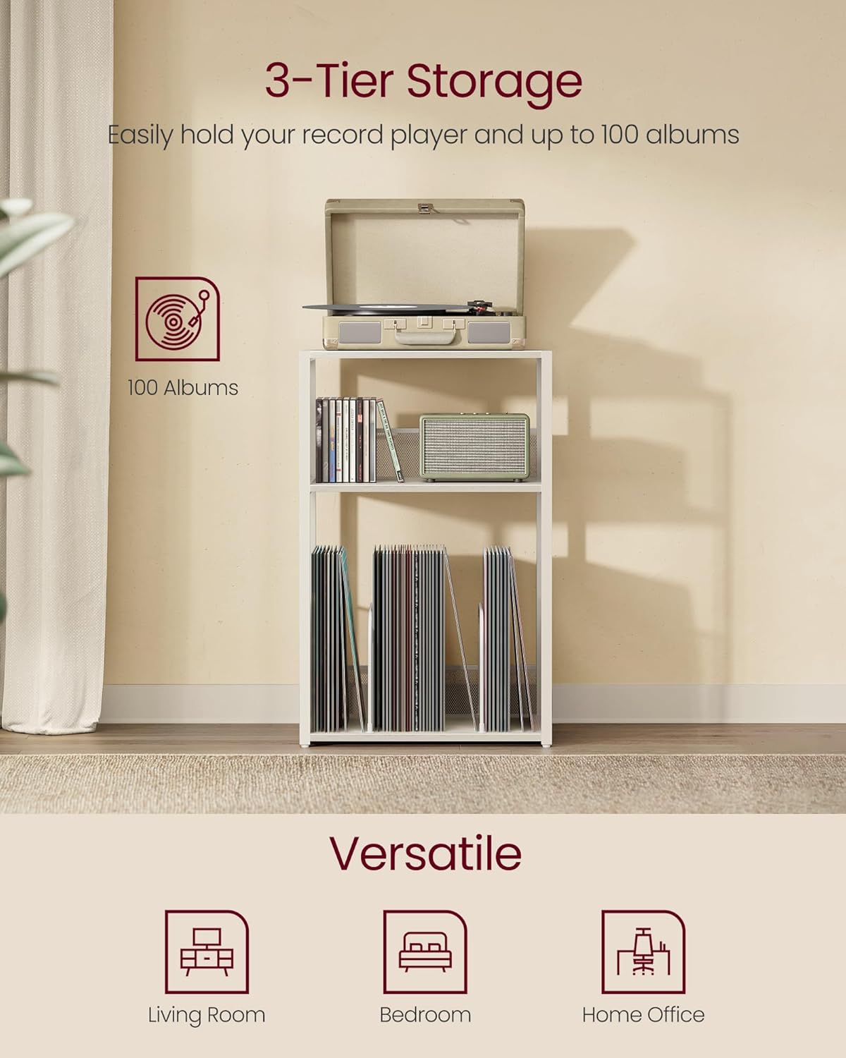 VASAGLE Record Player Stand, 3-Tier Side Table, Vinyl Record Storage up to 100 Albums, End Table for Living Room, Bedroom, Rustic White ULET275W01