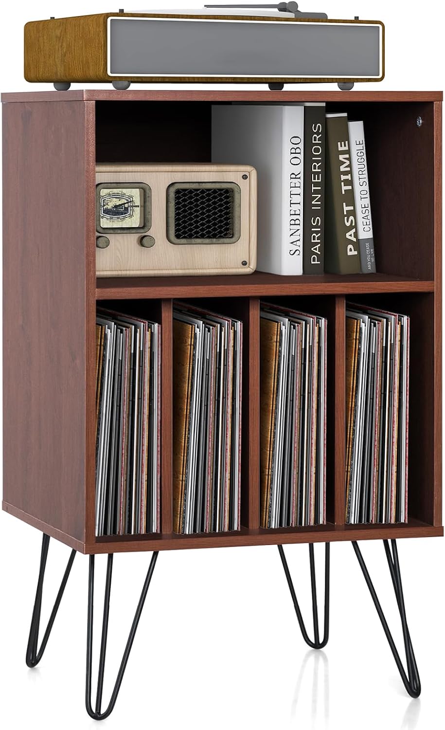 Giantex Record Player Stand, Turntable Stand Holds up to 150 Albums, Mid-Century Vinyl Storage Cabinet Table with Metal Legs, Record Player Holder End Table for Bedroom Living Room, Brown