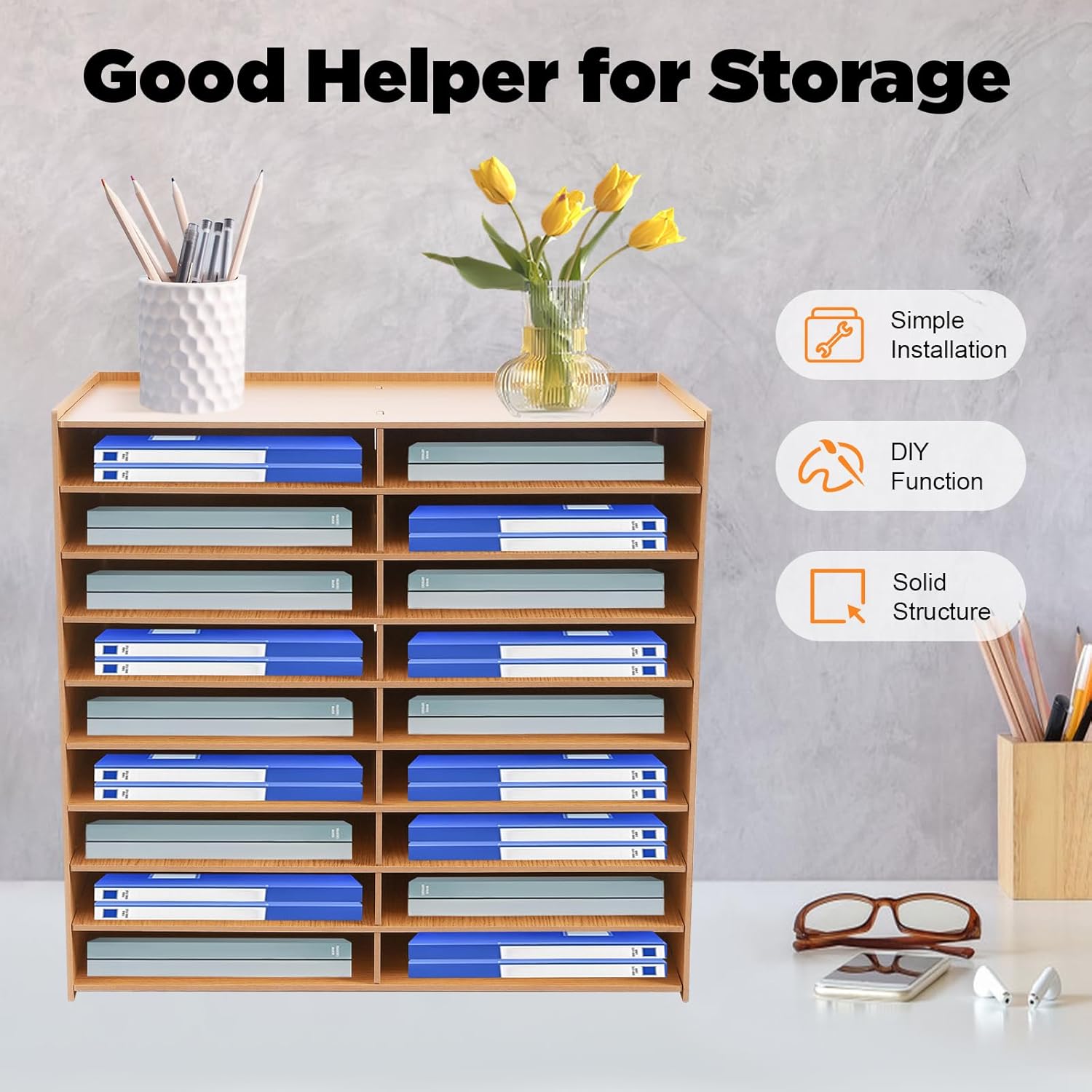 18 Slots Desktop Paper Mail Sorter Wood Office File Literature Organizer on Desk Floor, Paper Storage Cabinet Classroom Keepers Mailbox for Office Home School Mailrooms Organization