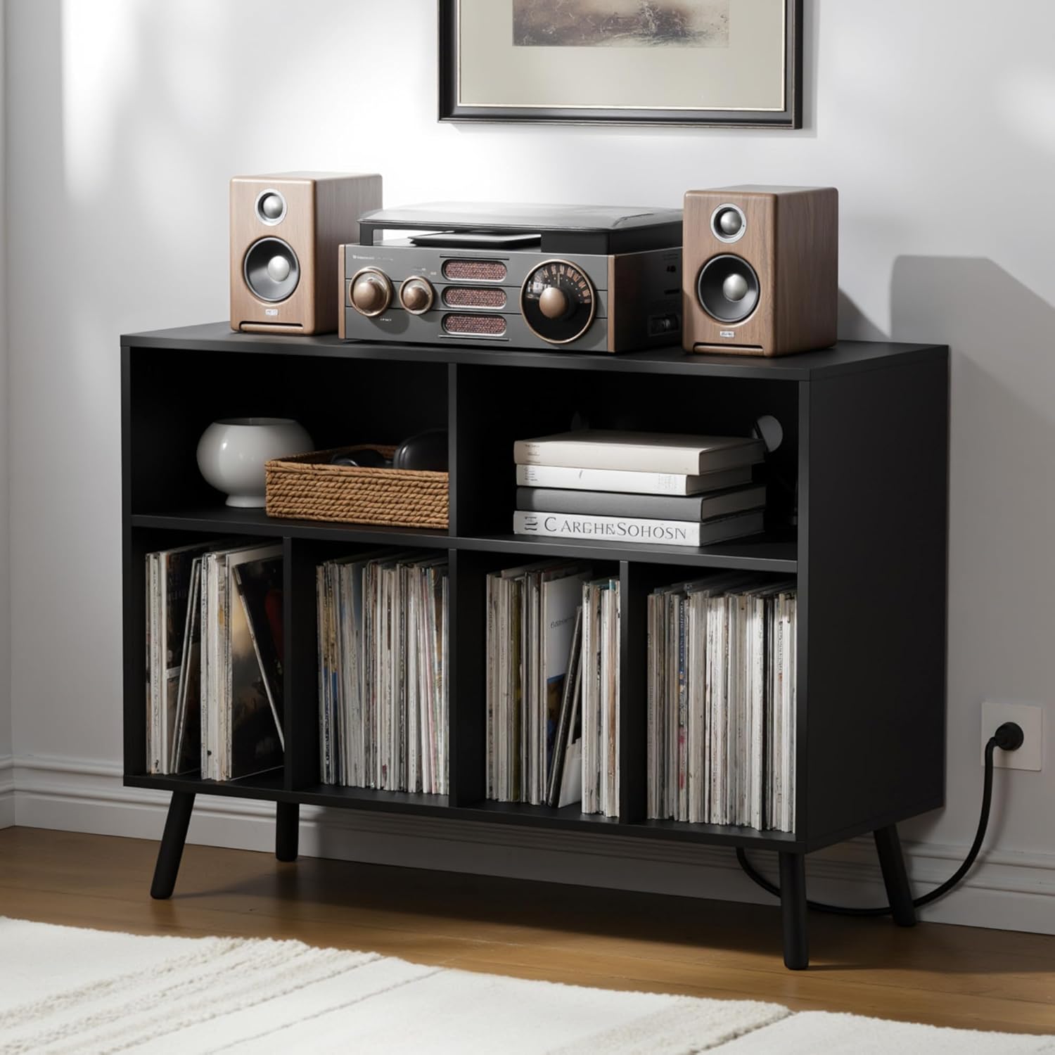 Cozy Castle Record Player Stand with Vinyl Storage Cabinet, Wood Turntable Table Open Shelf Holder Up to 350 Albums Cube Storage Organizer for Living Room, Office, Brown