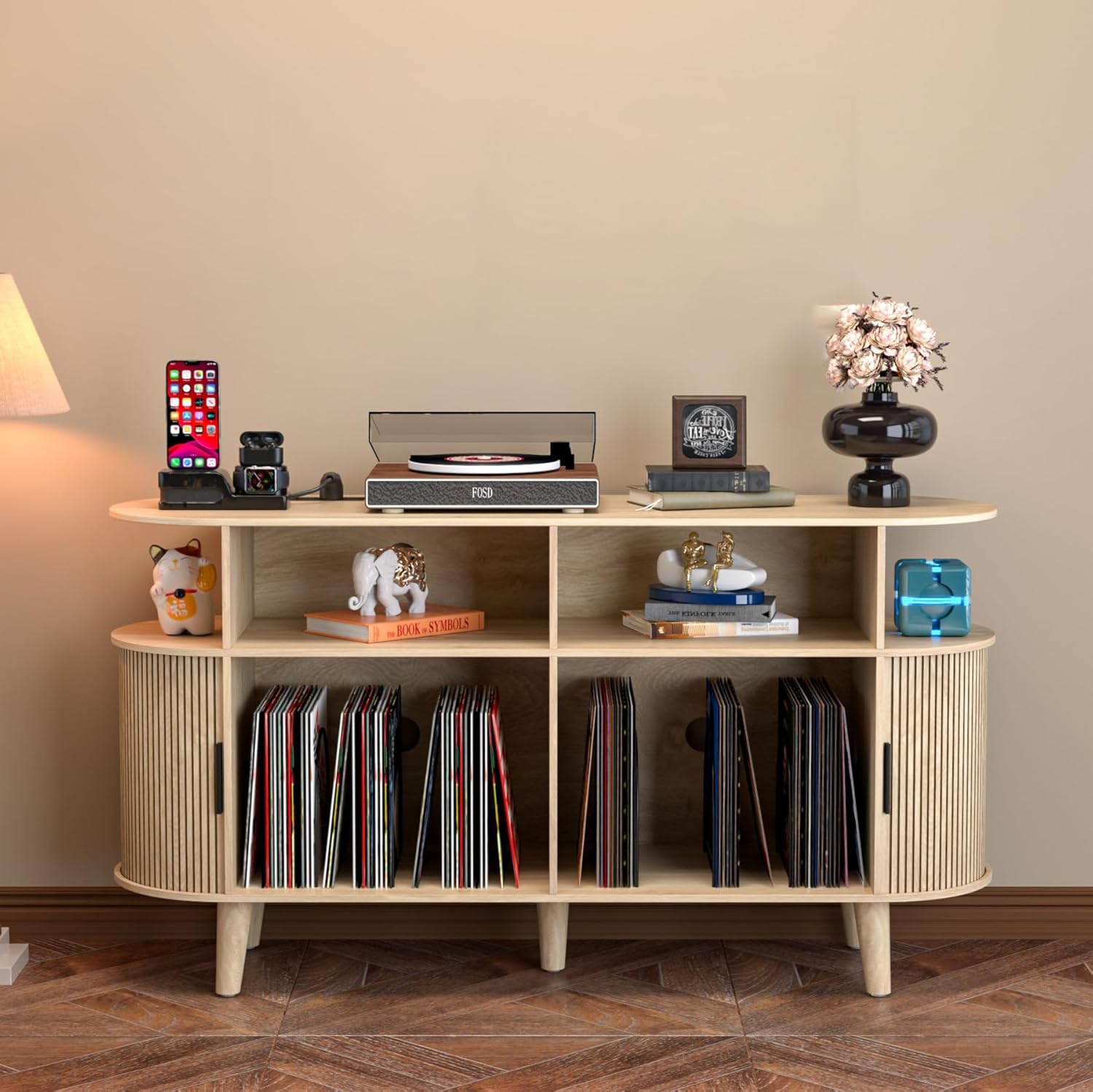 Large Round Record Player Stand with Charging Station & USB Ports,Record Storage Cabinet, Mid Century Modern Turntable Stand for Bedroom Living Room (Walnut)