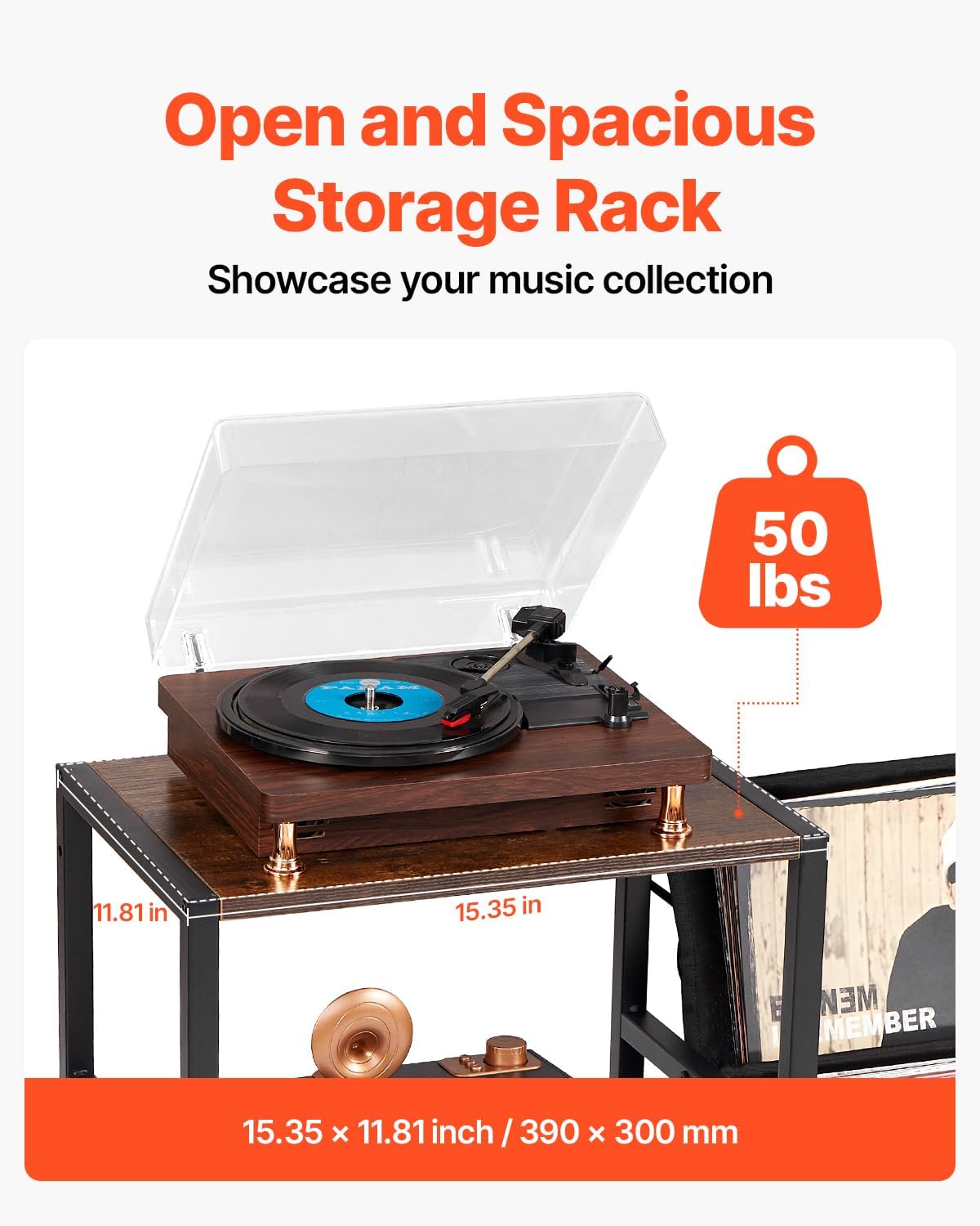 VEVOR Record Player Stand with Charging Station & USB Ports, Holds up to 200 Albums, 3-Tier Turntable Stand with Vinyl Record Storage, Record Player Table with Display Shelf for Bedroom, Living Room