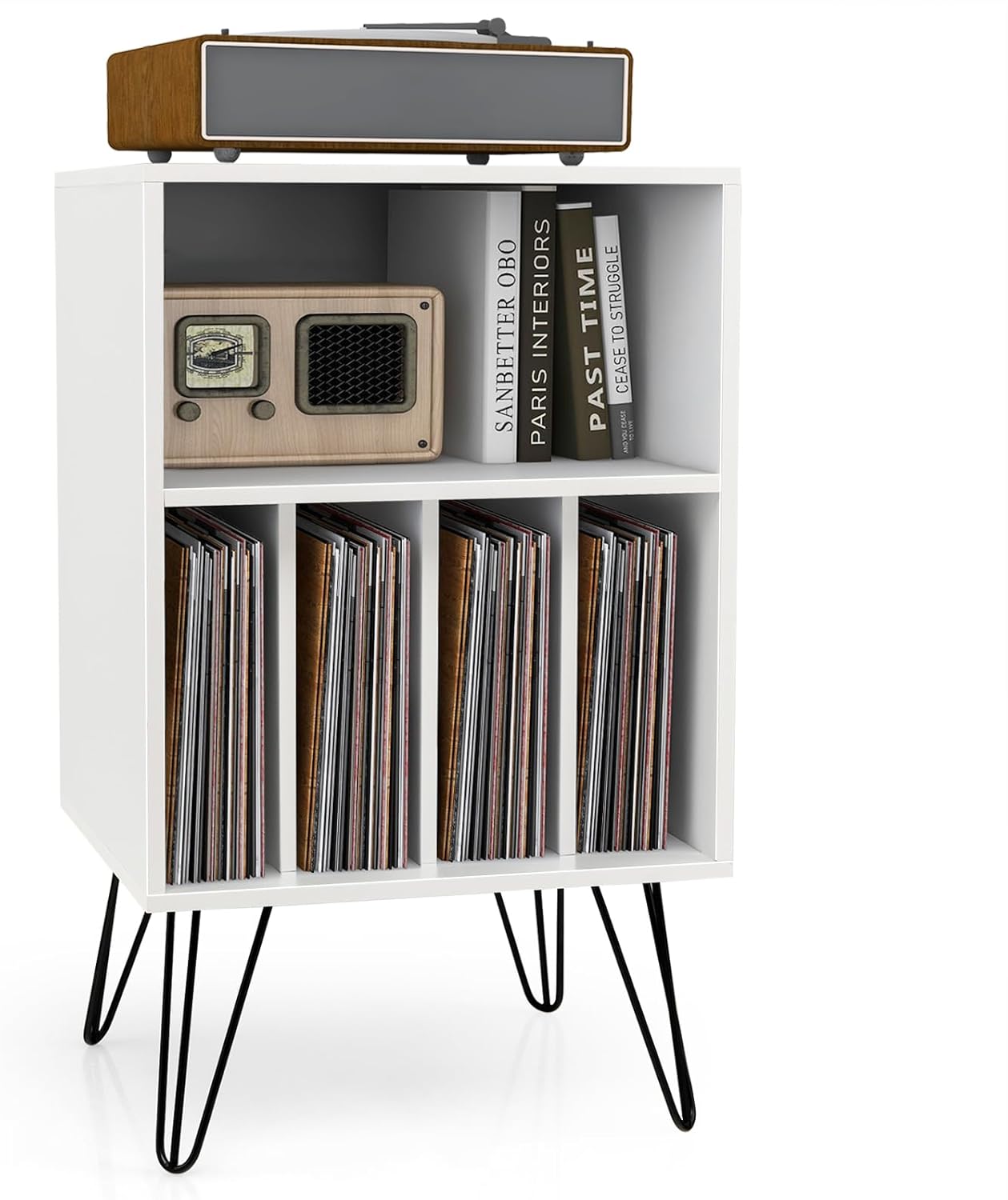 Giantex Record Player Stand, Turntable Stand Holds up to 150 Albums, Mid-Century Vinyl Storage Cabinet Table with Metal Legs, Record Player Holder End Table for Bedroom Living Room, Brown