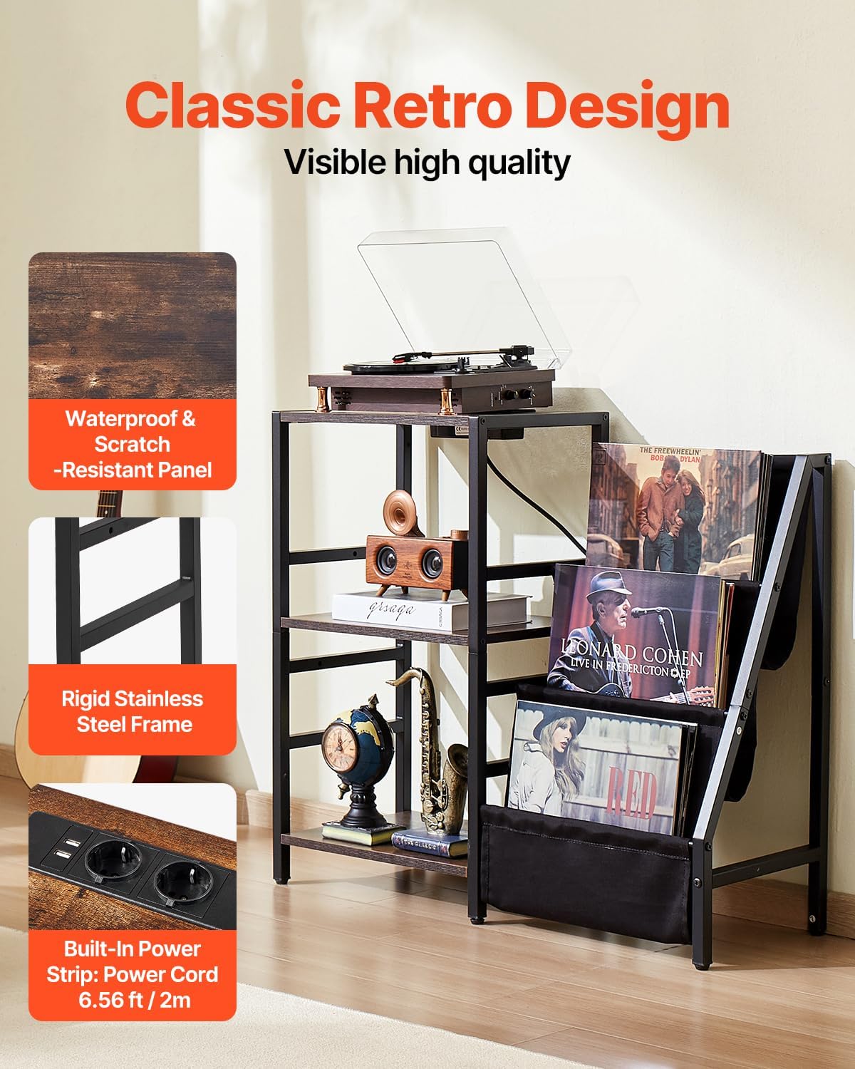 VEVOR Record Player Stand with Charging Station & USB Ports, Holds up to 200 Albums, 3-Tier Turntable Stand with Vinyl Record Storage, Record Player Table with Display Shelf for Bedroom, Living Room