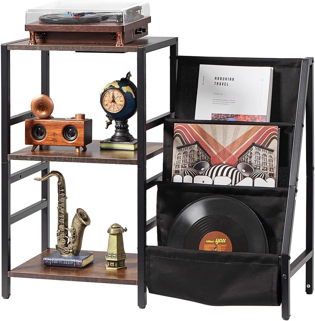 VEVOR Record Player Stand with Charging Station & USB Ports, Holds up to 200 Albums, 3-Tier Turntable Stand with Vinyl Record Storage, Record Player Table with Display Shelf for Bedroom, Living Room