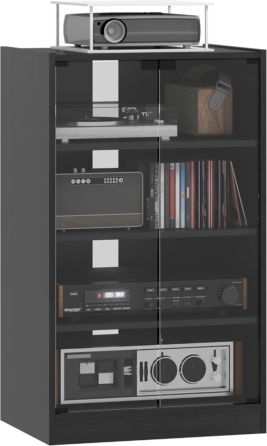 HOMCOM Media Cabinet, 4-Tier Stereo Cabinet, Record Player Stand with Vinyl Record Storage, Adjustable Shelves, Tempered Glass Doors and Cable Management, Rustic Brown