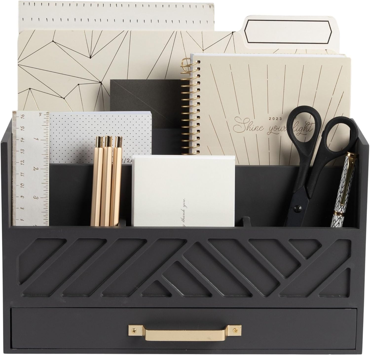 BLU MONACO Mail Organizer for Desk – Brown Wooden Mail Sorter with Drawer and 6 Compartments – Rustic Letter Organizer with Black Handle – Desktop File Holder for Home Office, Entryway, or Kitchen