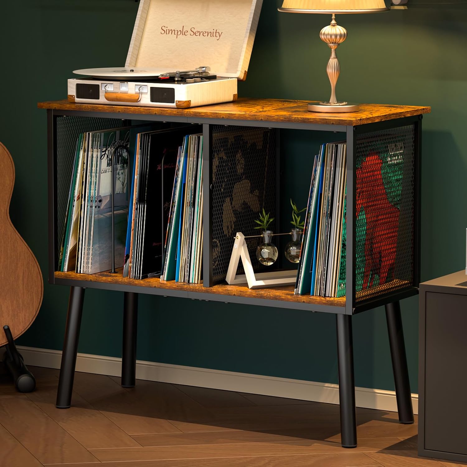 Record Player Stand with Adjustable Divider, Vinyl Storage Holder Up to 200 Albums, Mid-Century Large Record Player Table, Vinyl Holder Turntable Stand End Table Storage Rack for Bedroom & Living Room