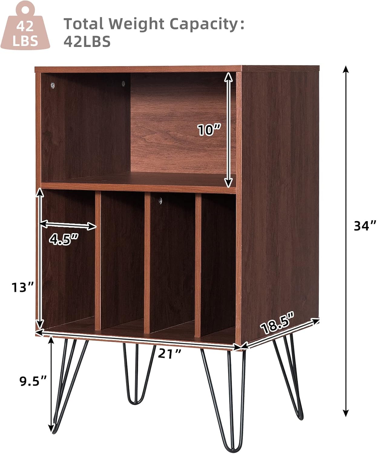 Giantex Record Player Stand, Turntable Stand Holds up to 150 Albums, Mid-Century Vinyl Storage Cabinet Table with Metal Legs, Record Player Holder End Table for Bedroom Living Room, Brown