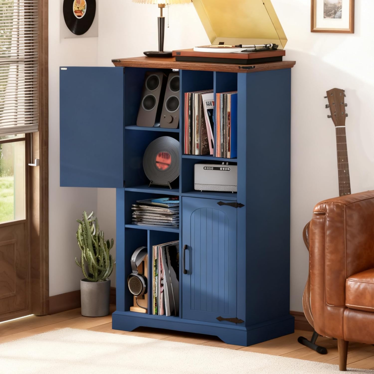 Maupvit Record Player Stand with Vinyl Storage Cabinet, 47" Wood Turntable Table Open and Closed Shelf Holder, 400+ Albums Cube Storage Organizer for Living Room, Office,White