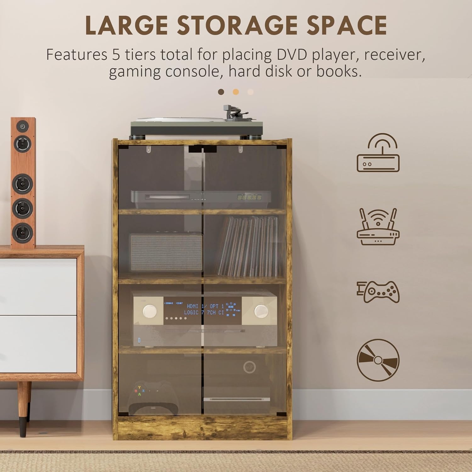 HOMCOM Media Cabinet, 4-Tier Stereo Cabinet, Record Player Stand with Vinyl Record Storage, Adjustable Shelves, Tempered Glass Doors and Cable Management, Rustic Brown