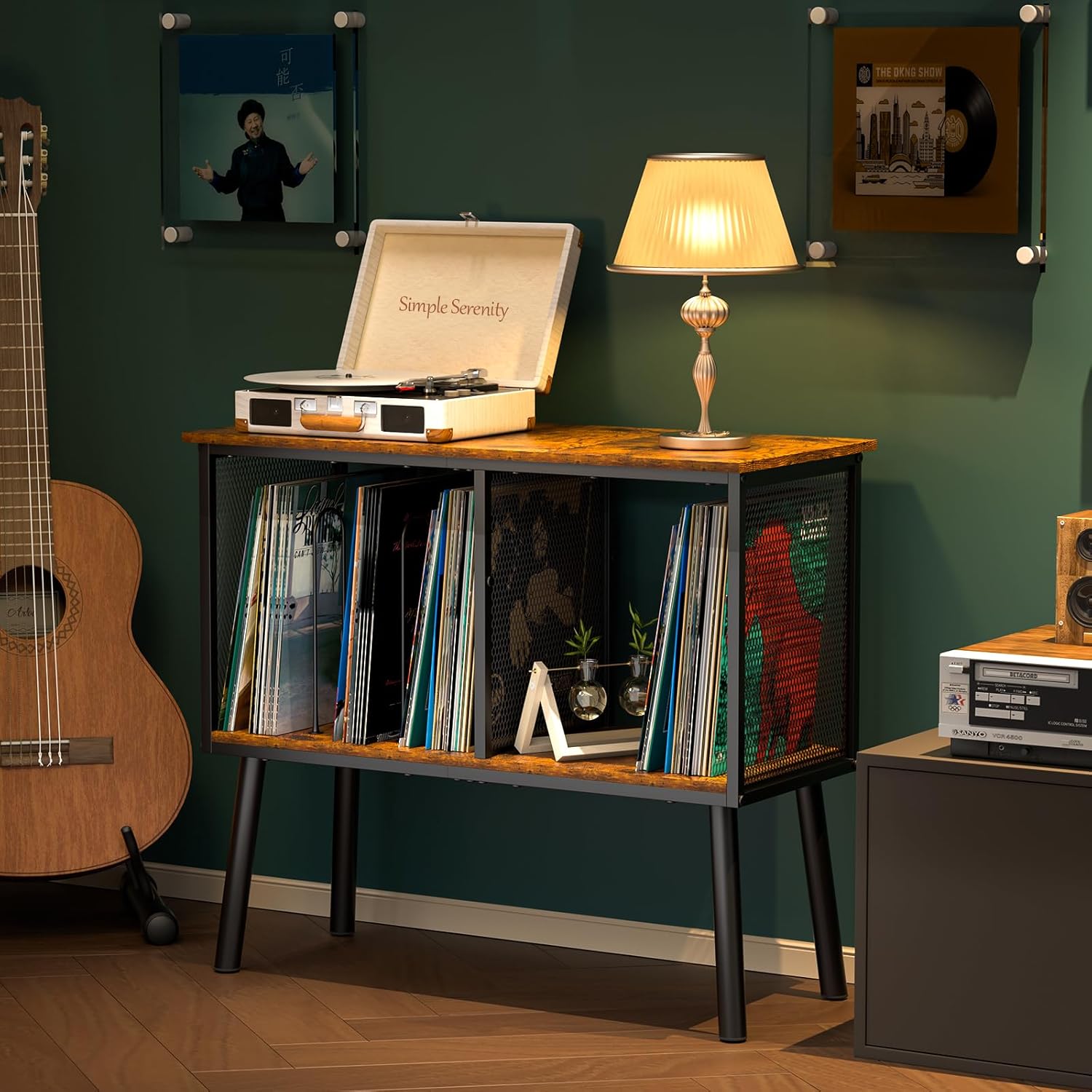 Record Player Stand with Adjustable Divider, Vinyl Storage Holder Up to 200 Albums, Mid-Century Large Record Player Table, Vinyl Holder Turntable Stand End Table Storage Rack for Bedroom & Living Room