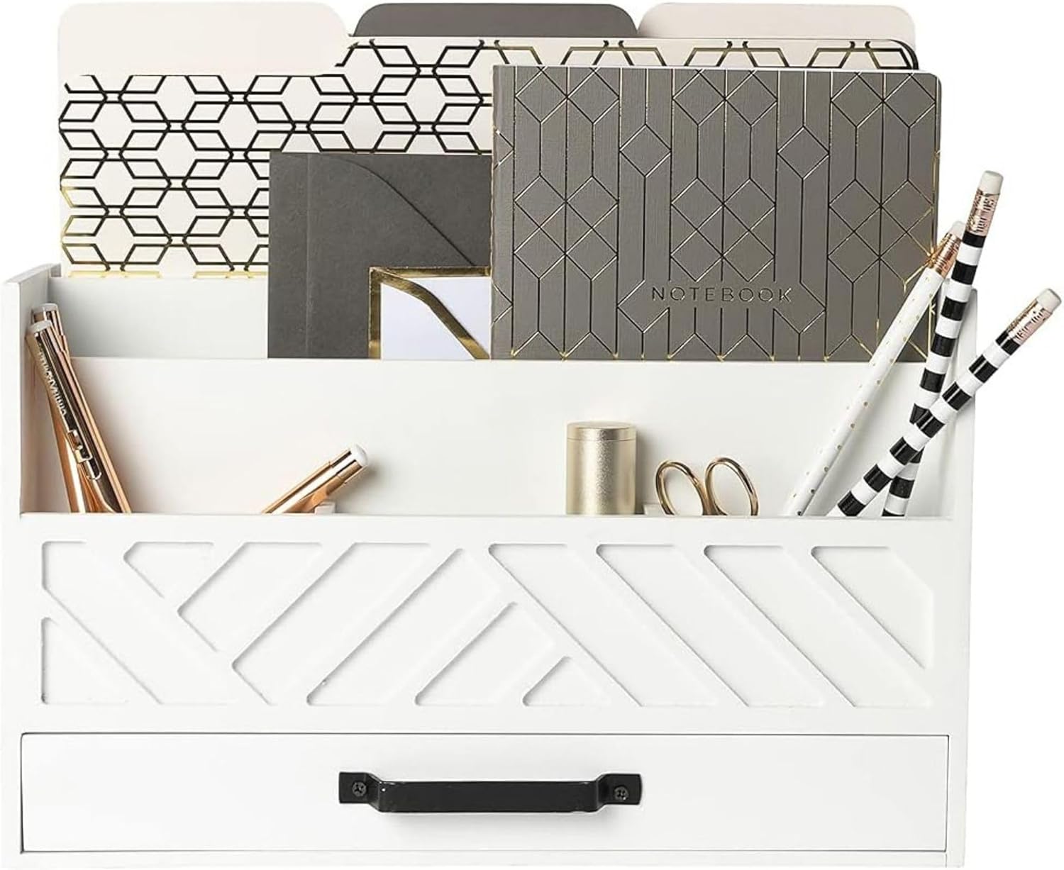 BLU MONACO Mail Organizer for Desk – Brown Wooden Mail Sorter with Drawer and 6 Compartments – Rustic Letter Organizer with Black Handle – Desktop File Holder for Home Office, Entryway, or Kitchen