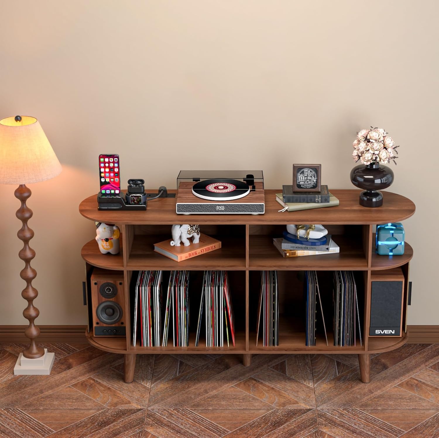 Large Round Record Player Stand with Charging Station & USB Ports,Record Storage Cabinet, Mid Century Modern Turntable Stand for Bedroom Living Room (Walnut)