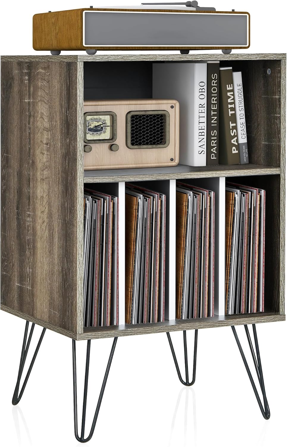 Giantex Record Player Stand, Turntable Stand Holds up to 150 Albums, Mid-Century Vinyl Storage Cabinet Table with Metal Legs, Record Player Holder End Table for Bedroom Living Room, Brown