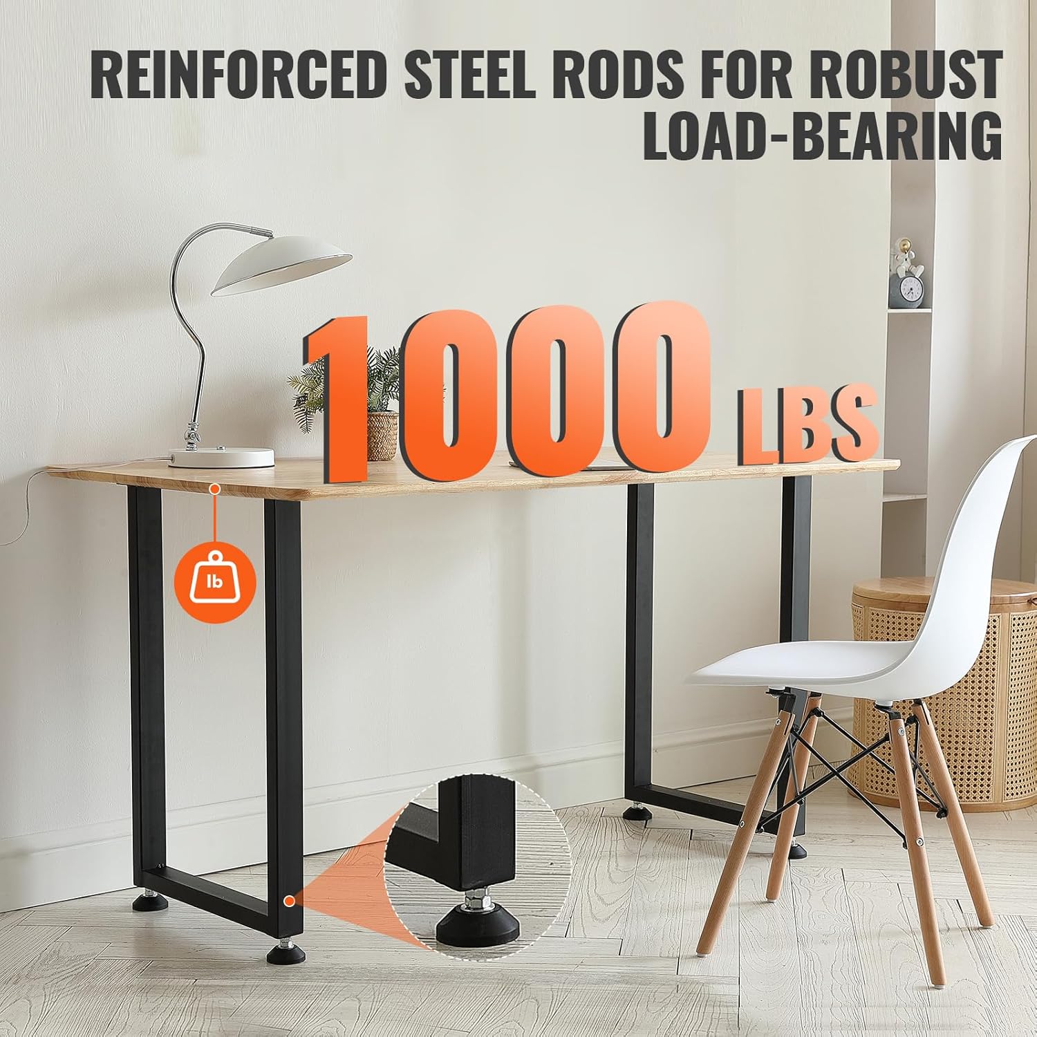 VEVOR 28 Inch Adjustable Furniture Legs, Square Reinforced Steel Office Table Legs Set of 2 for DIY, Max Load 1000 lbs Heavy Duty Desk Legs, Quick Instalation & Rich Accessories Legs Black