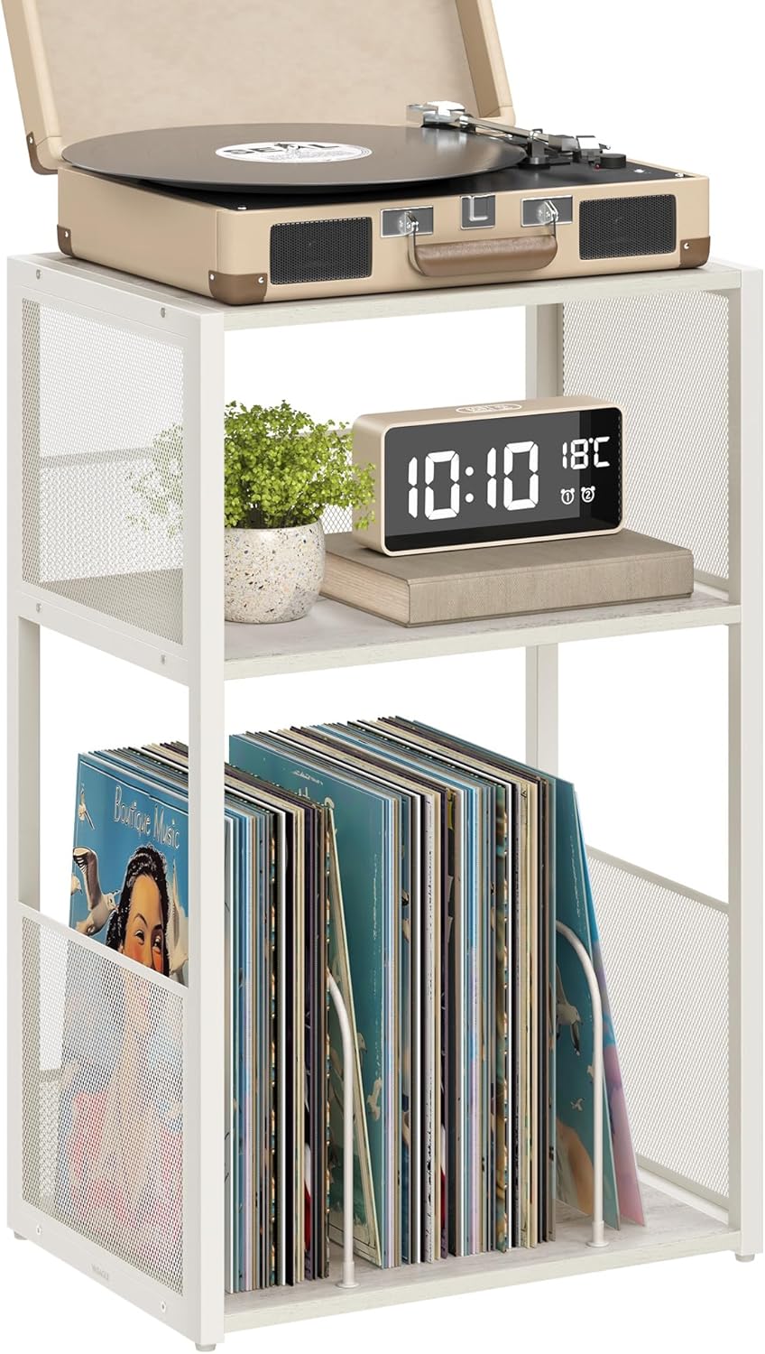 VASAGLE Record Player Stand, 3-Tier Side Table, Vinyl Record Storage up to 100 Albums, End Table for Living Room, Bedroom, Rustic White ULET275W01