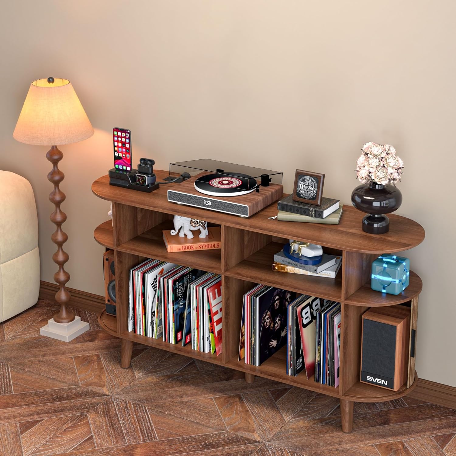 Large Round Record Player Stand with Charging Station & USB Ports,Record Storage Cabinet, Mid Century Modern Turntable Stand for Bedroom Living Room (Walnut)