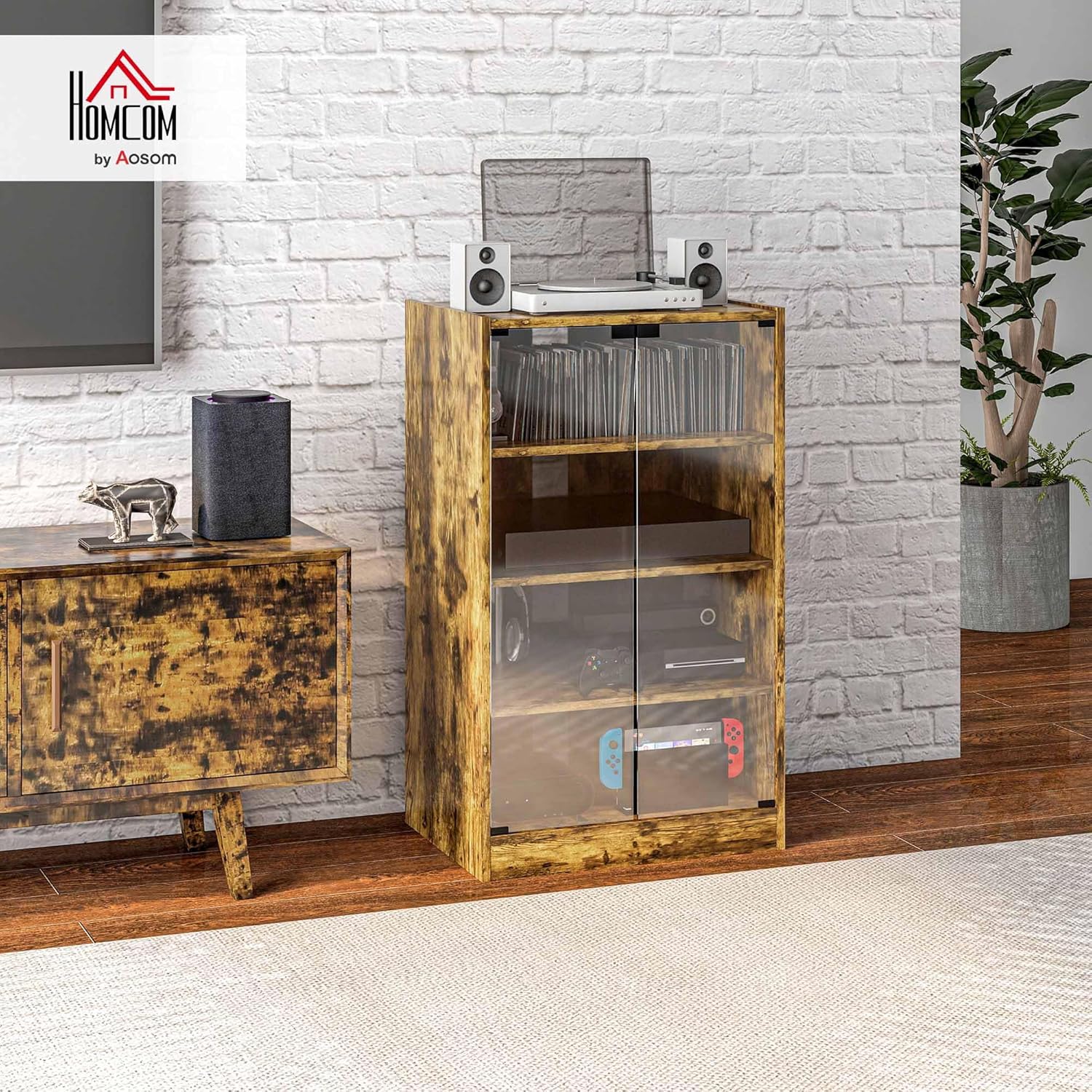 HOMCOM Media Cabinet, 4-Tier Stereo Cabinet, Record Player Stand with Vinyl Record Storage, Adjustable Shelves, Tempered Glass Doors and Cable Management, Rustic Brown