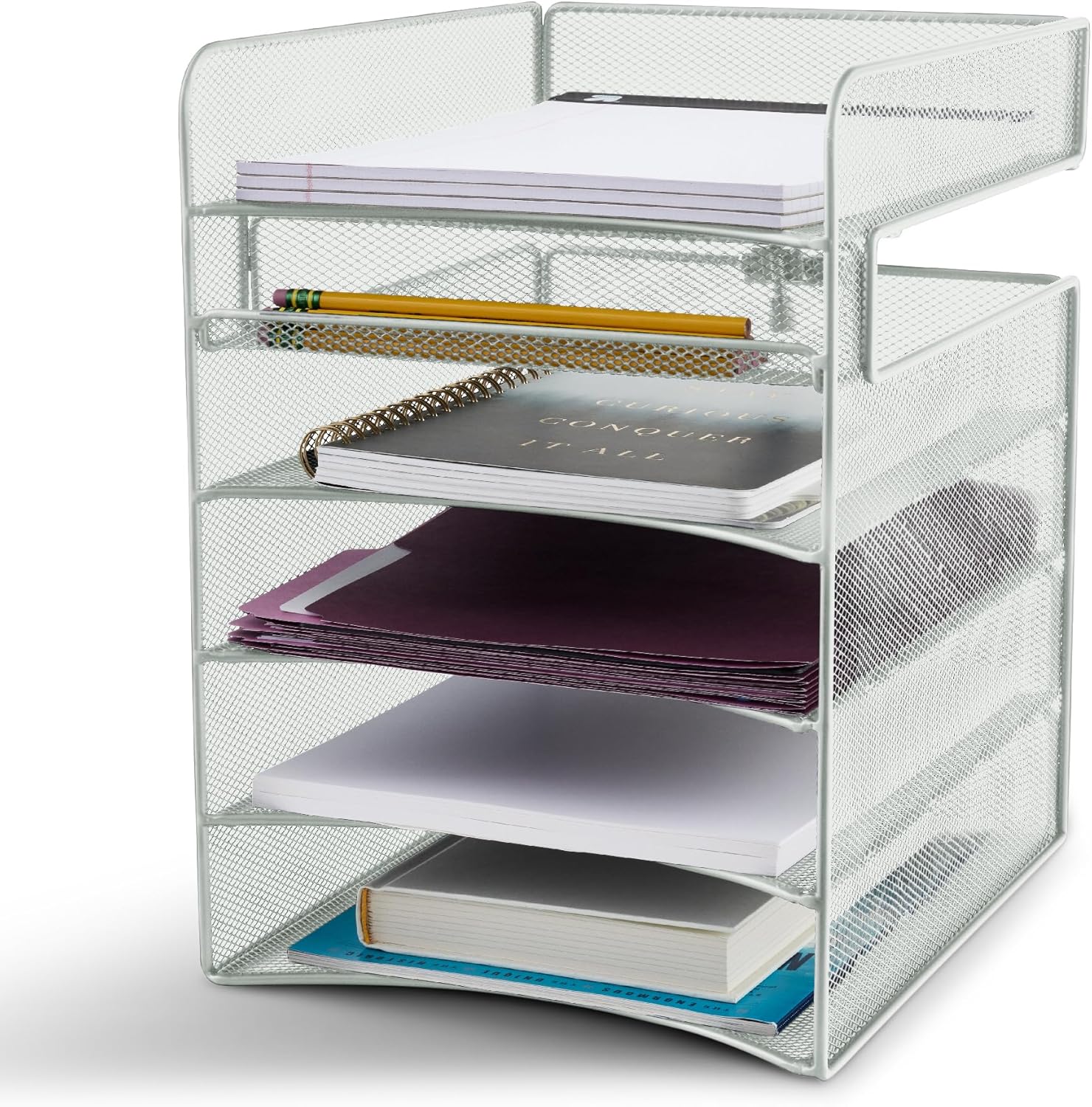 Safco Onyx Hanging Desktop Organizer with 5 Horizontal Trays, Under-Desk Storage. Fits Tables 1.75" Thick and Under, Silver