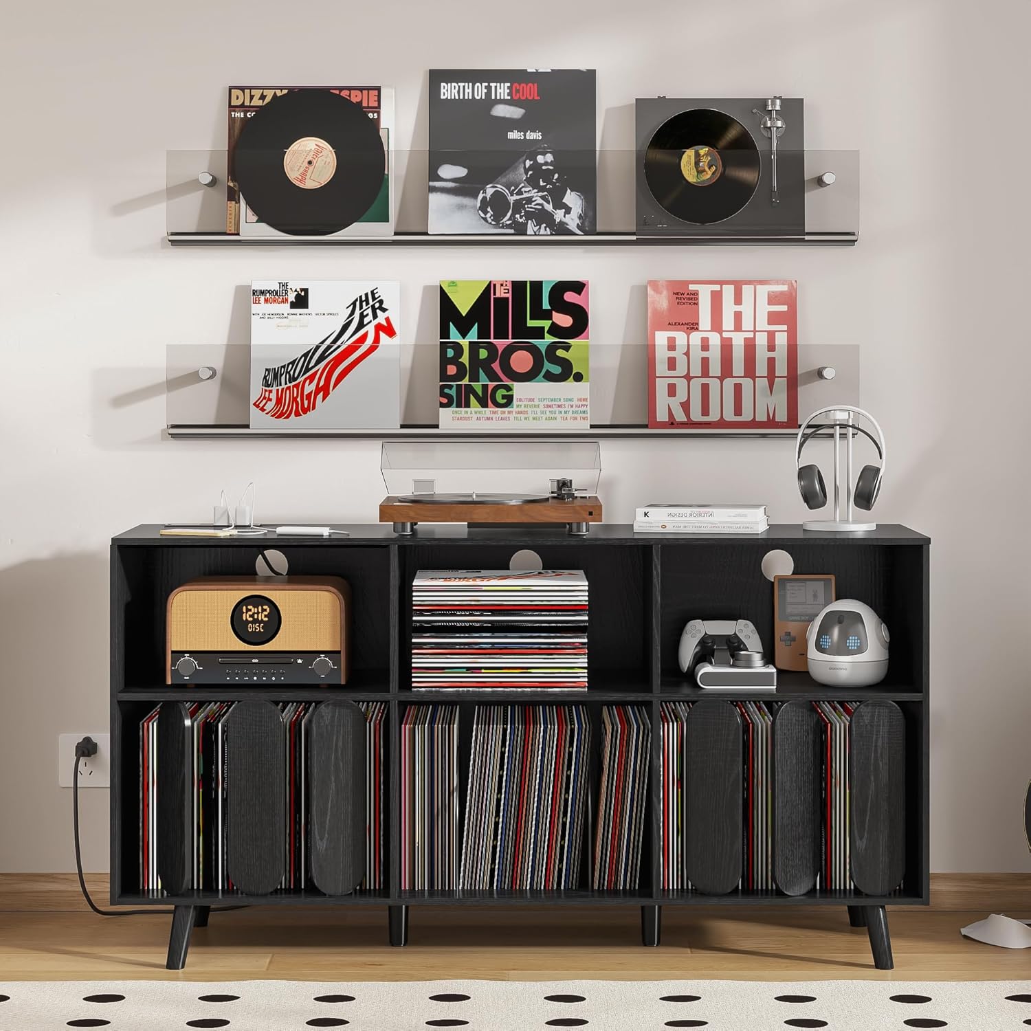 Large Record Player Stand, Vinyl Record Storage Holder, Record Player Table with Power Outlet, Record Storage Turntable Stand Record Stand Table (Walnut, 55.11''W)