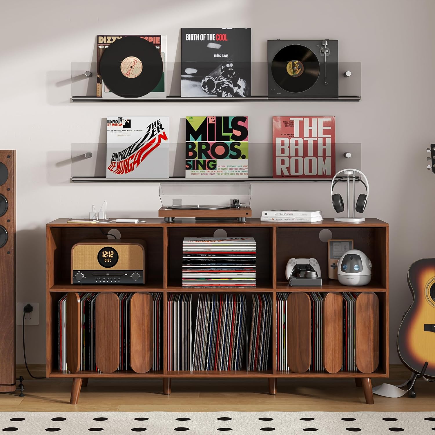 Large Record Player Stand, Vinyl Record Storage Holder, Record Player Table with Power Outlet, Record Storage Turntable Stand Record Stand Table (Walnut, 55.11''W)