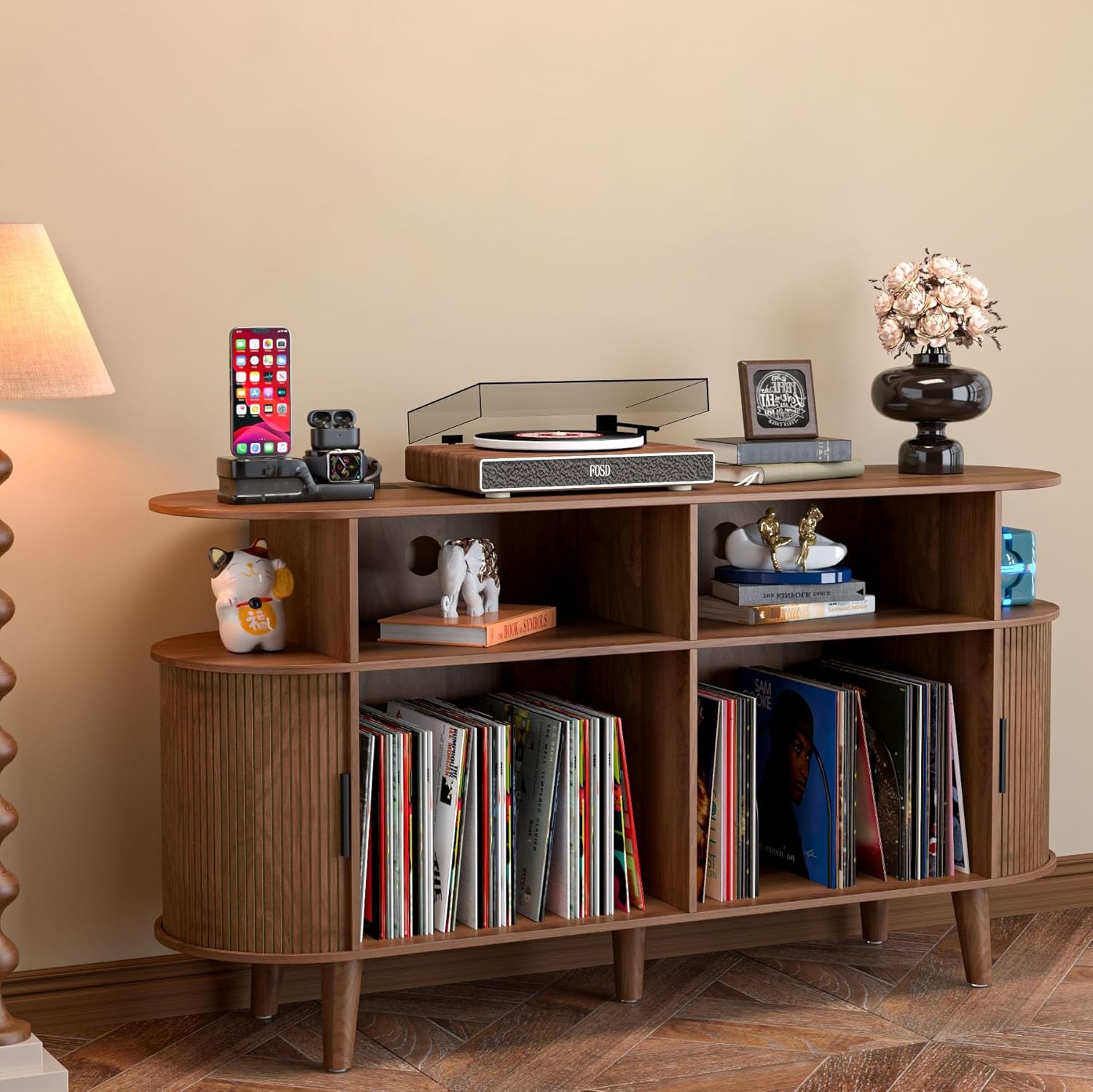 Large Round Record Player Stand with Charging Station & USB Ports,Record Storage Cabinet, Mid Century Modern Turntable Stand for Bedroom Living Room (Walnut)