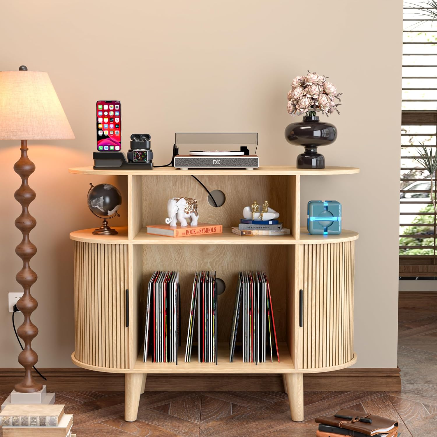 Large Round Record Player Stand with Charging Station & USB Ports,Record Storage Cabinet, Mid Century Modern Turntable Stand for Bedroom Living Room (Walnut)