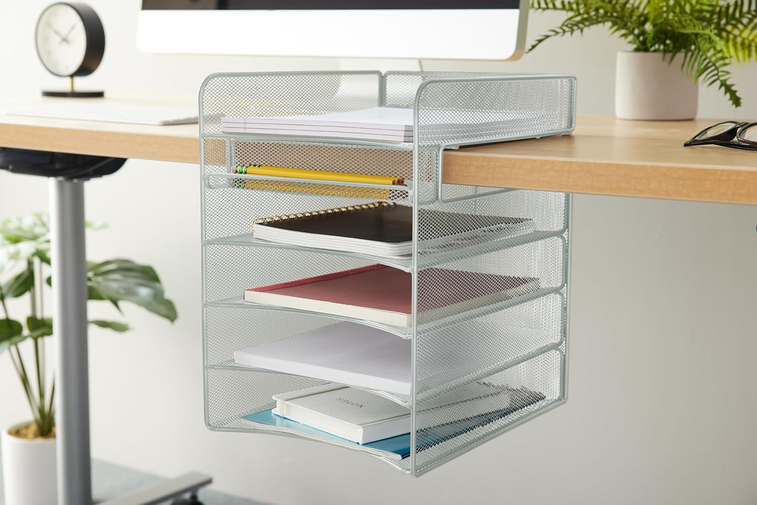 Safco Onyx Hanging Desktop Organizer with 5 Horizontal Trays, Under-Desk Storage. Fits Tables 1.75" Thick and Under, Silver