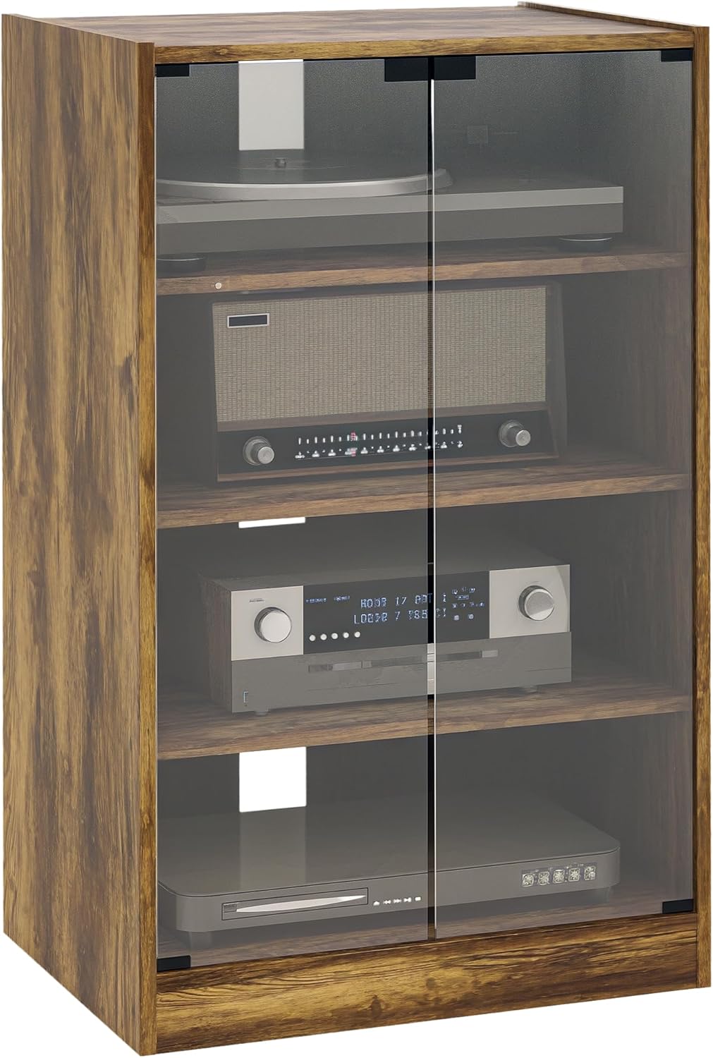 HOMCOM Media Cabinet, 4-Tier Stereo Cabinet, Record Player Stand with Vinyl Record Storage, Adjustable Shelves, Tempered Glass Doors and Cable Management, Rustic Brown