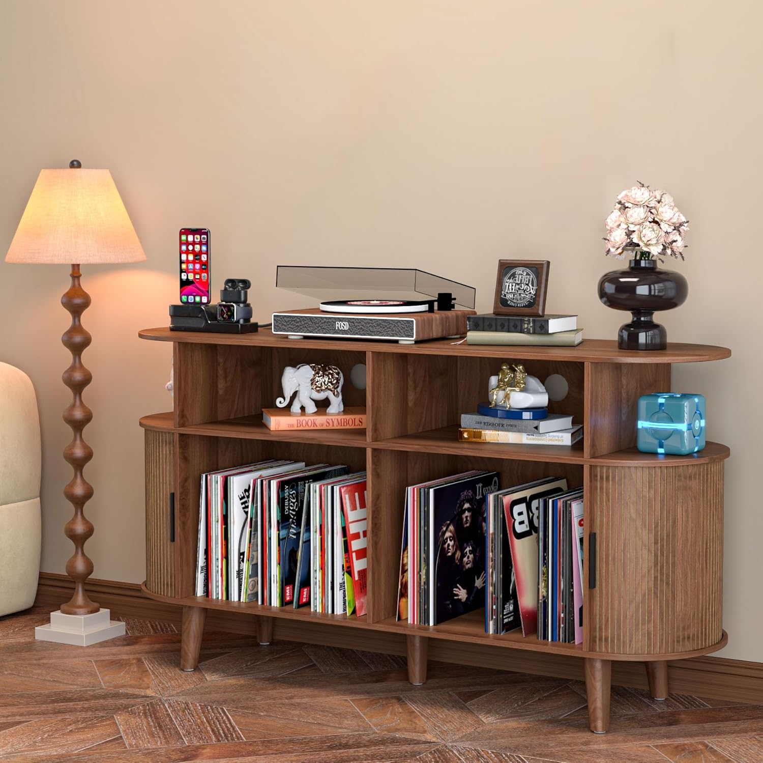 Large Round Record Player Stand with Charging Station & USB Ports,Record Storage Cabinet, Mid Century Modern Turntable Stand for Bedroom Living Room (Walnut)