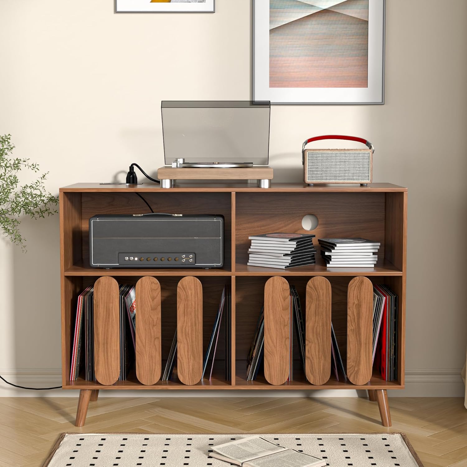 Large Record Player Stand, Vinyl Record Storage Holder, Record Player Table with Power Outlet, Record Storage Turntable Stand Record Stand Table (Walnut, 55.11''W)