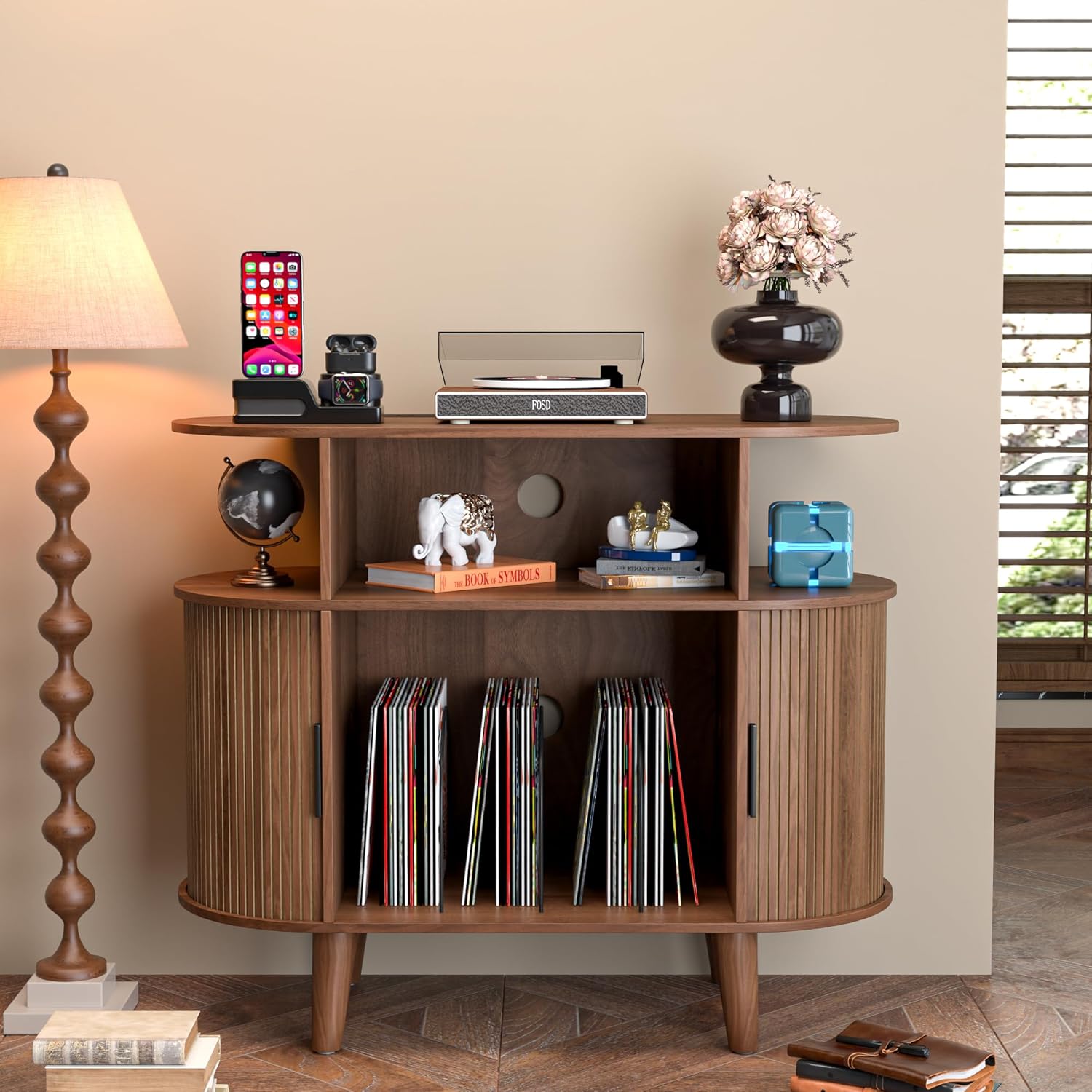 Large Round Record Player Stand with Charging Station & USB Ports,Record Storage Cabinet, Mid Century Modern Turntable Stand for Bedroom Living Room (Walnut)