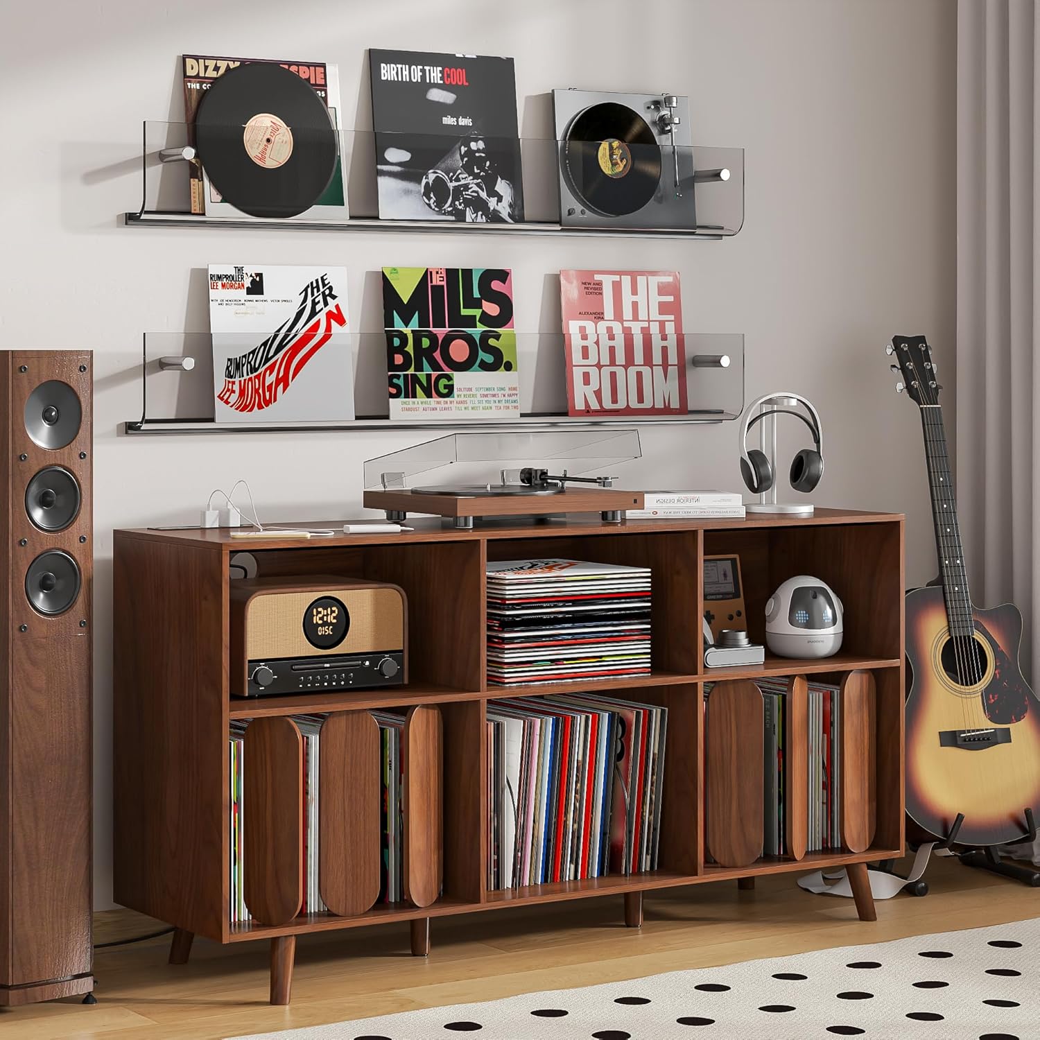 Large Record Player Stand, Vinyl Record Storage Holder, Record Player Table with Power Outlet, Record Storage Turntable Stand Record Stand Table (Walnut, 55.11''W)