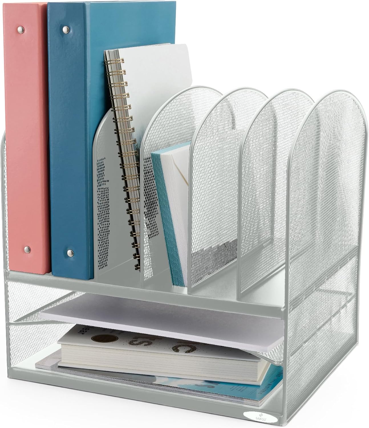 Safco Onyx Desk Organizer, 6 Vertical Compartments and 2 Trays, Office and Classroom Mailbox , Paper and Mail Sorter, Steel Mesh, Black