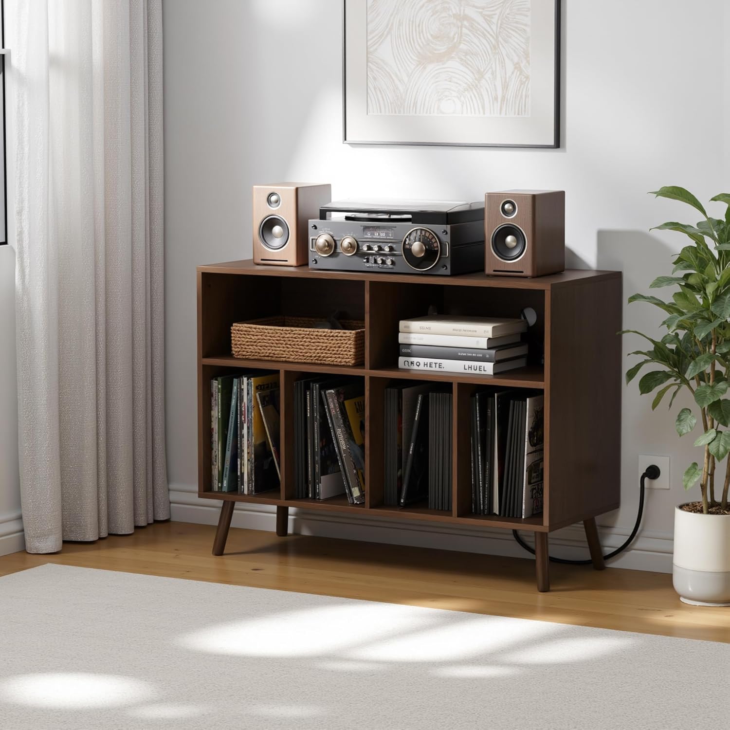 Cozy Castle Record Player Stand with Vinyl Storage Cabinet, Wood Turntable Table Open Shelf Holder Up to 350 Albums Cube Storage Organizer for Living Room, Office, Brown