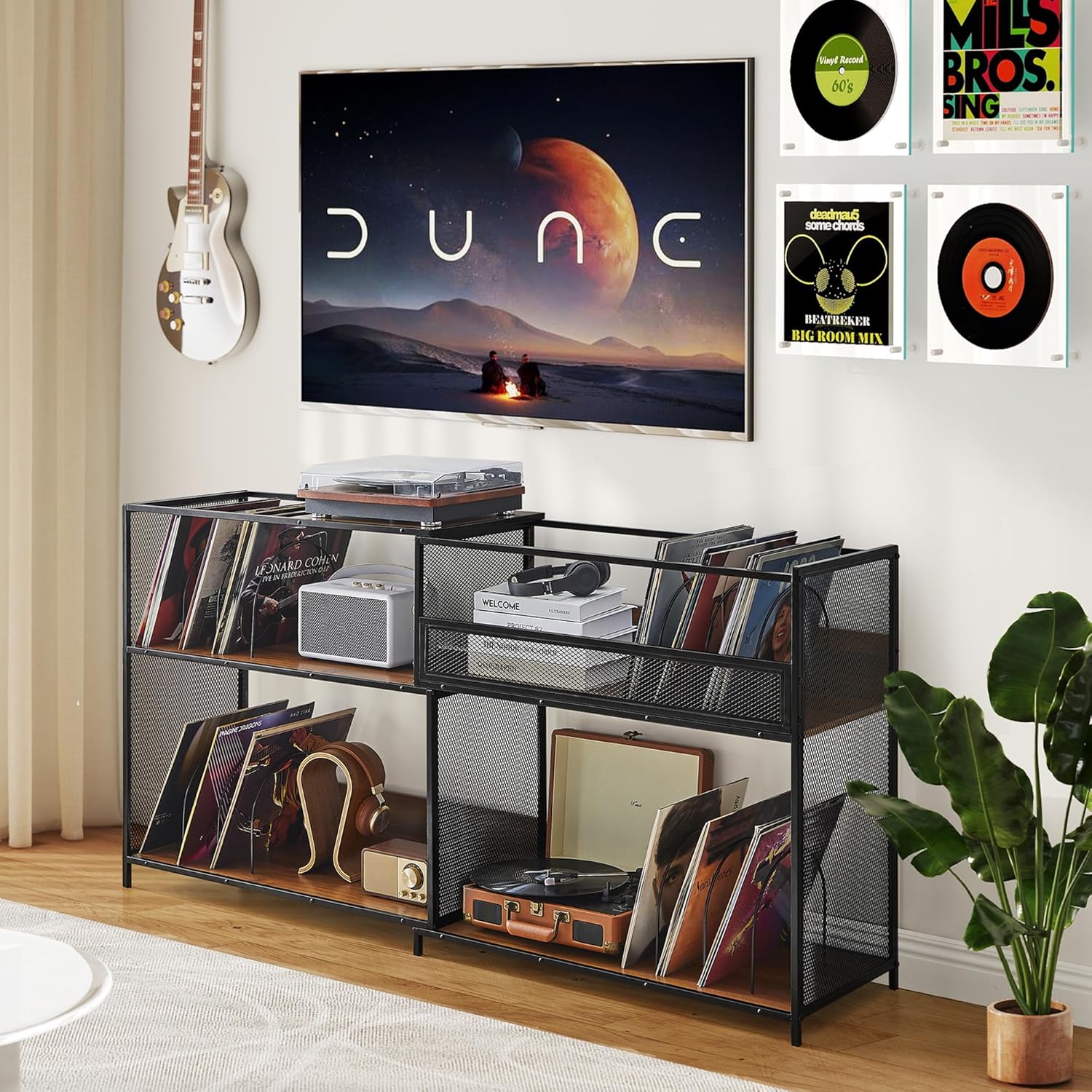 3-Tier Record Player Stand with Vinyl Storage, Stretchable 32-63'' Corner Vinyl Display Shelf Up to 450 Albums, Large Turntable Stand Table with Record Holder for Living Room