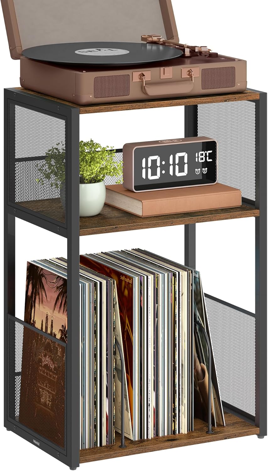 VASAGLE Record Player Stand, 3-Tier Side Table, Vinyl Record Storage up to 100 Albums, End Table for Living Room, Bedroom, Rustic White ULET275W01