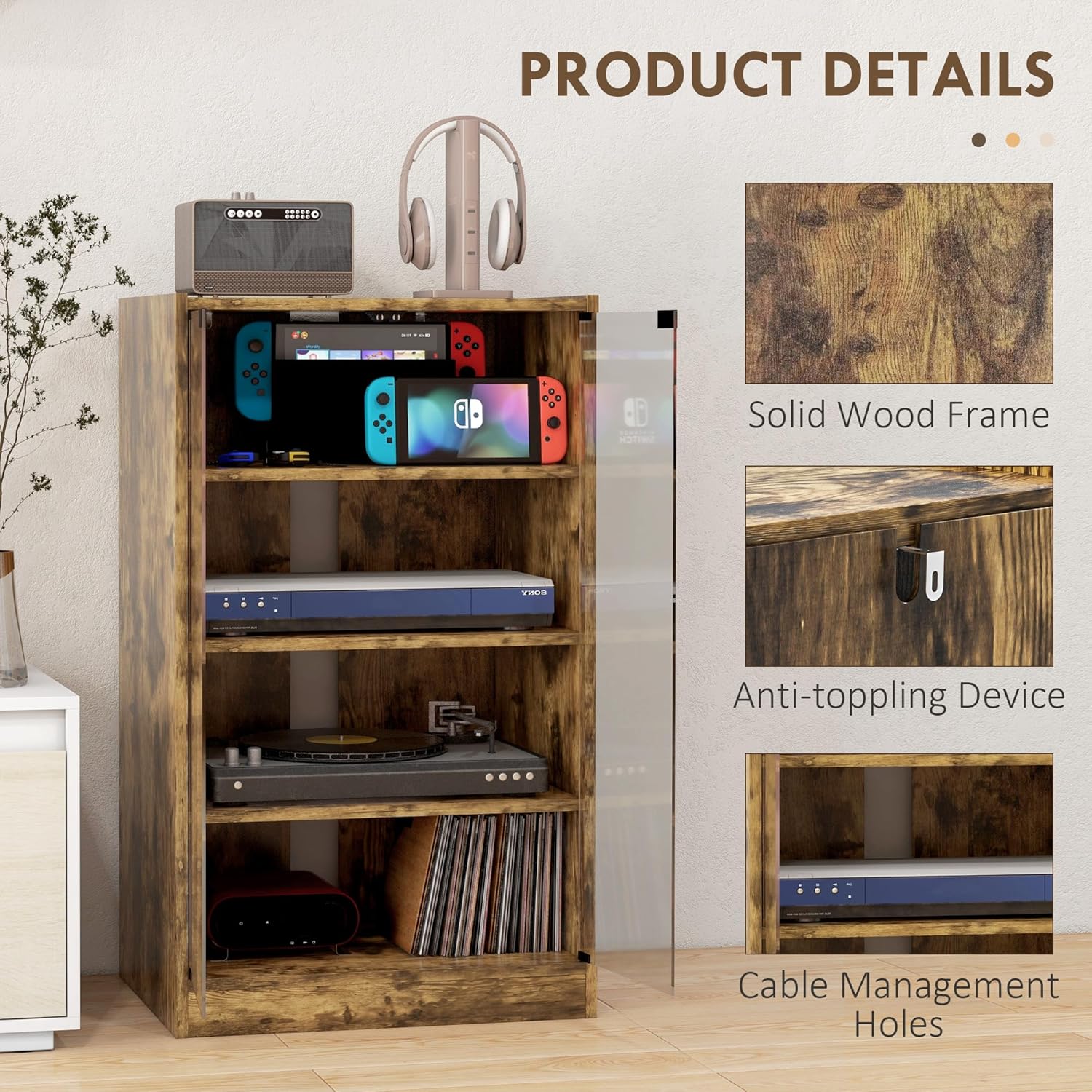 HOMCOM Media Cabinet, 4-Tier Stereo Cabinet, Record Player Stand with Vinyl Record Storage, Adjustable Shelves, Tempered Glass Doors and Cable Management, Rustic Brown